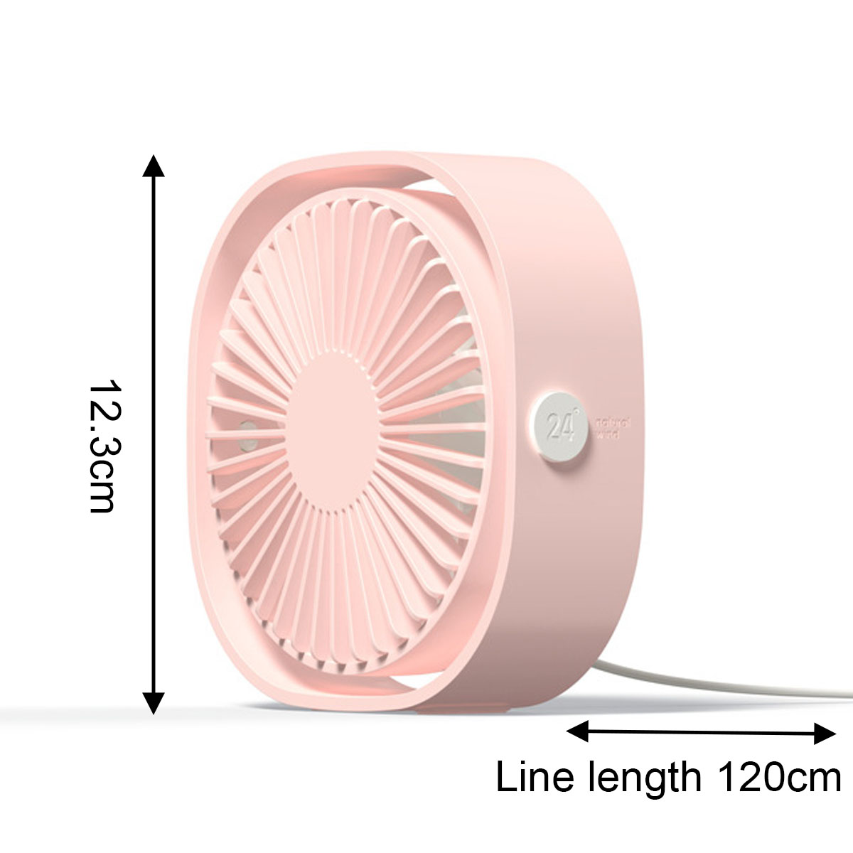 Ein kleiner rosa Ventilator mit 12,3 cm Höhe und 120 cm langer Schnur.