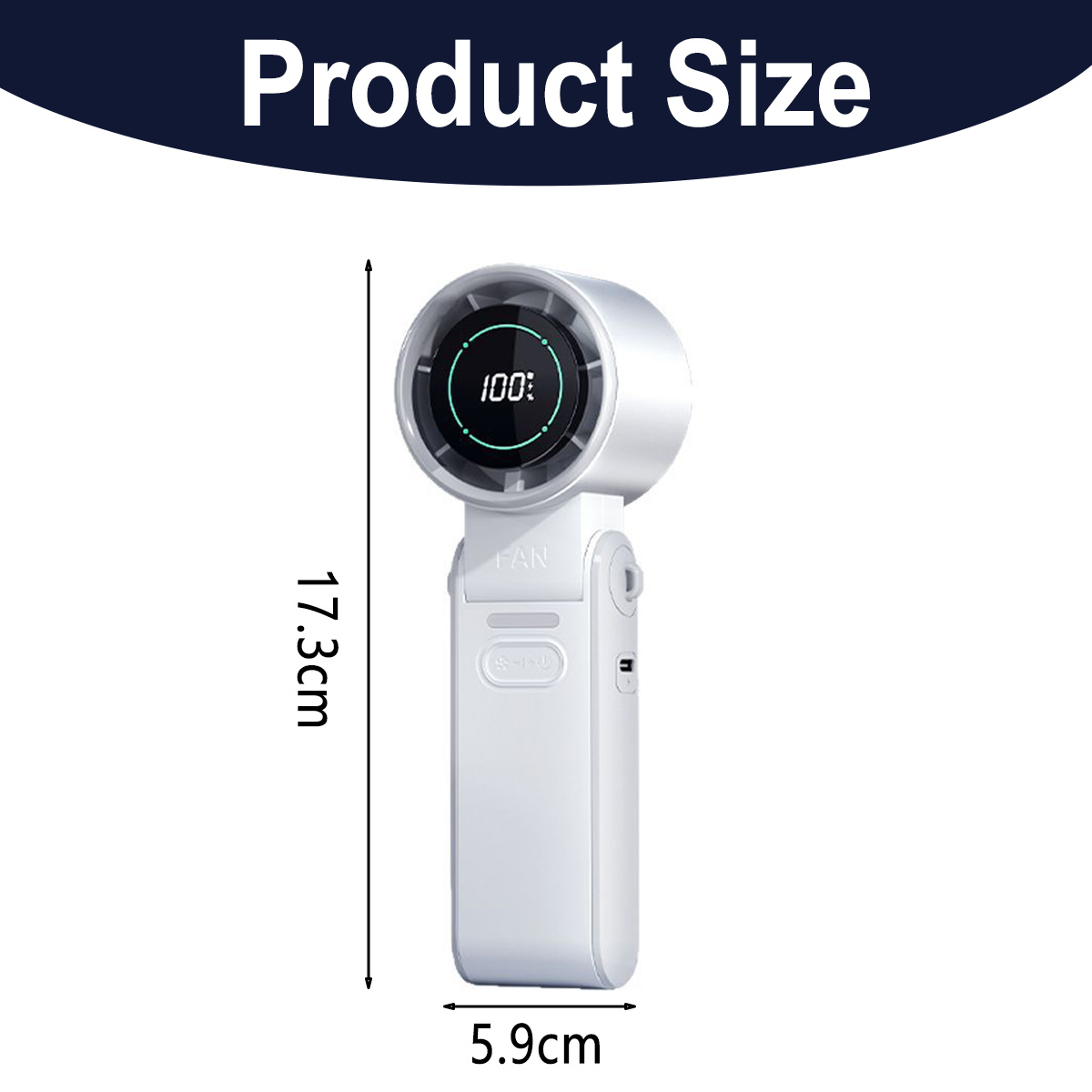 Ein weißer Handventilator mit digitalen Anzeigen und Maßen: 17,3 cm Höhe, 5,9 cm Breite.