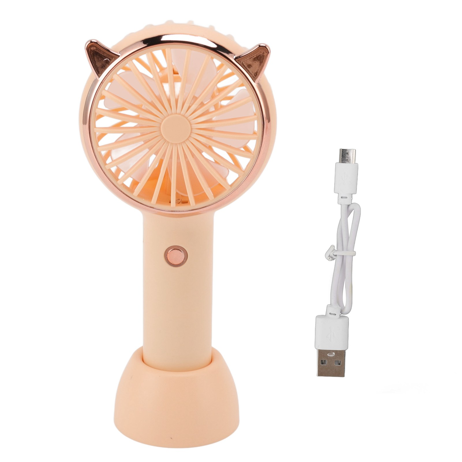 Ein rosafarbener Handventilator mit Katzenohren und ein weißes USB-Kabel.