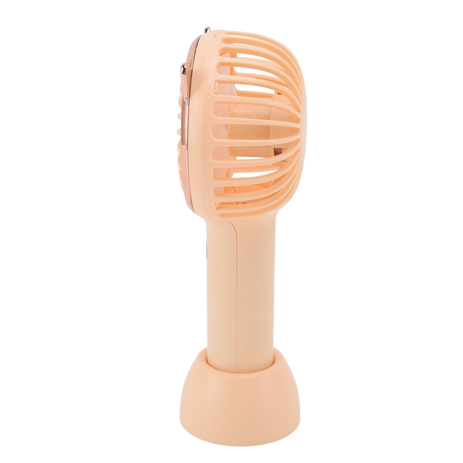 Ein pfirsichfarbener Handventilator mit einem runden Sockel auf weißem Hintergrund.