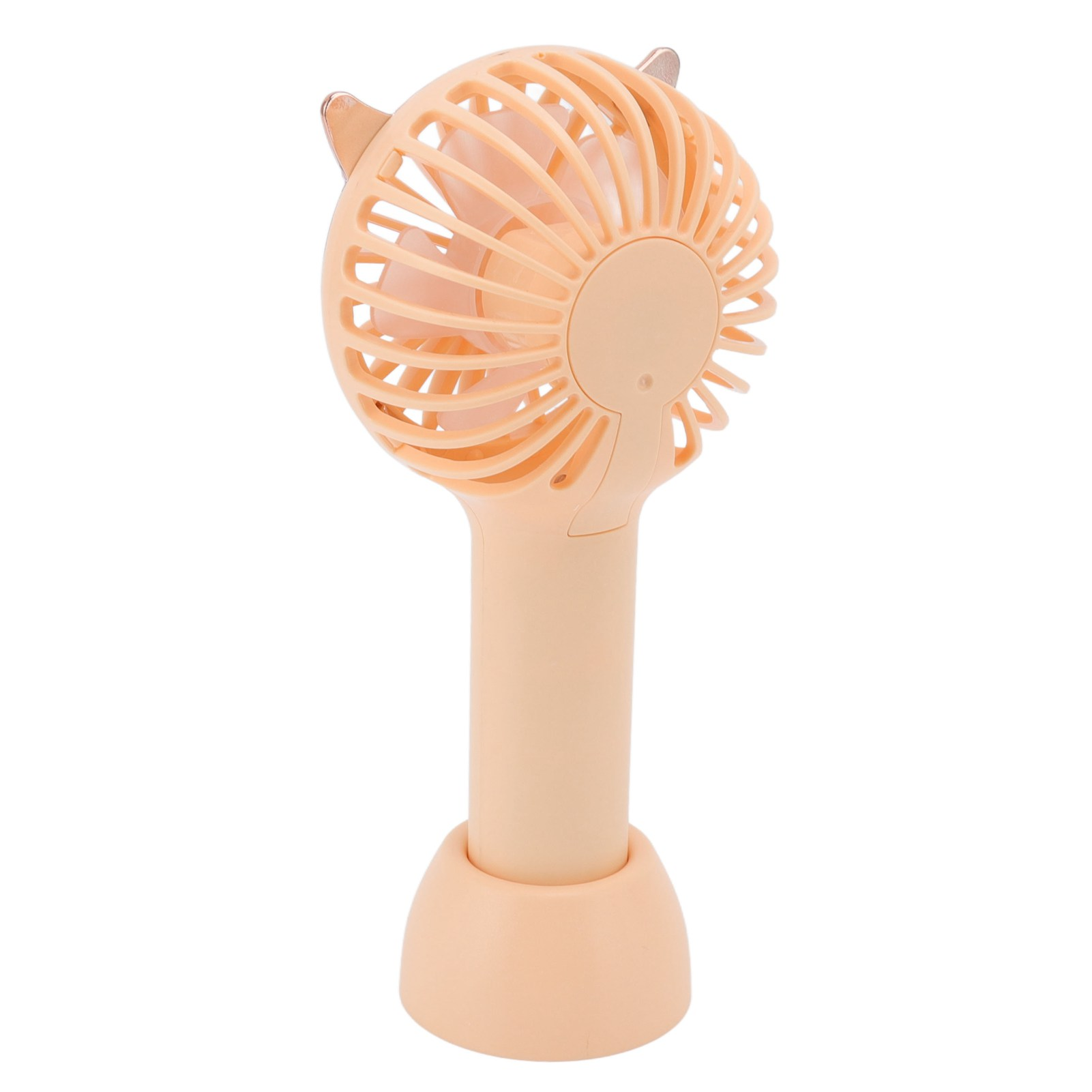 Ein kleiner, hellpfirsichfarbener Handventilator mit Katzenohren auf einem Sockel.