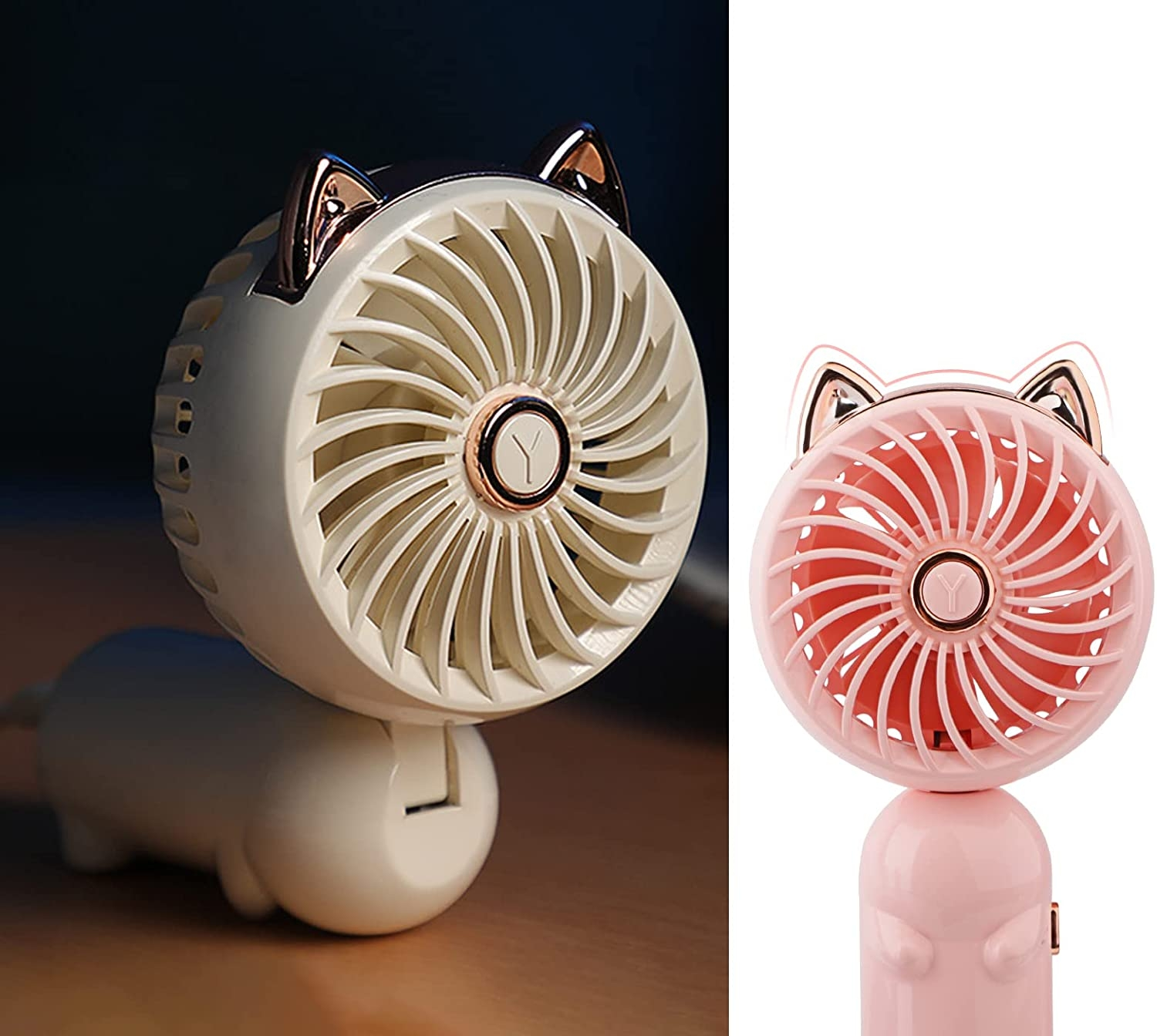 Zwei Mini-Ventilatoren mit Katzenohren, einer weiß und einer rosa.