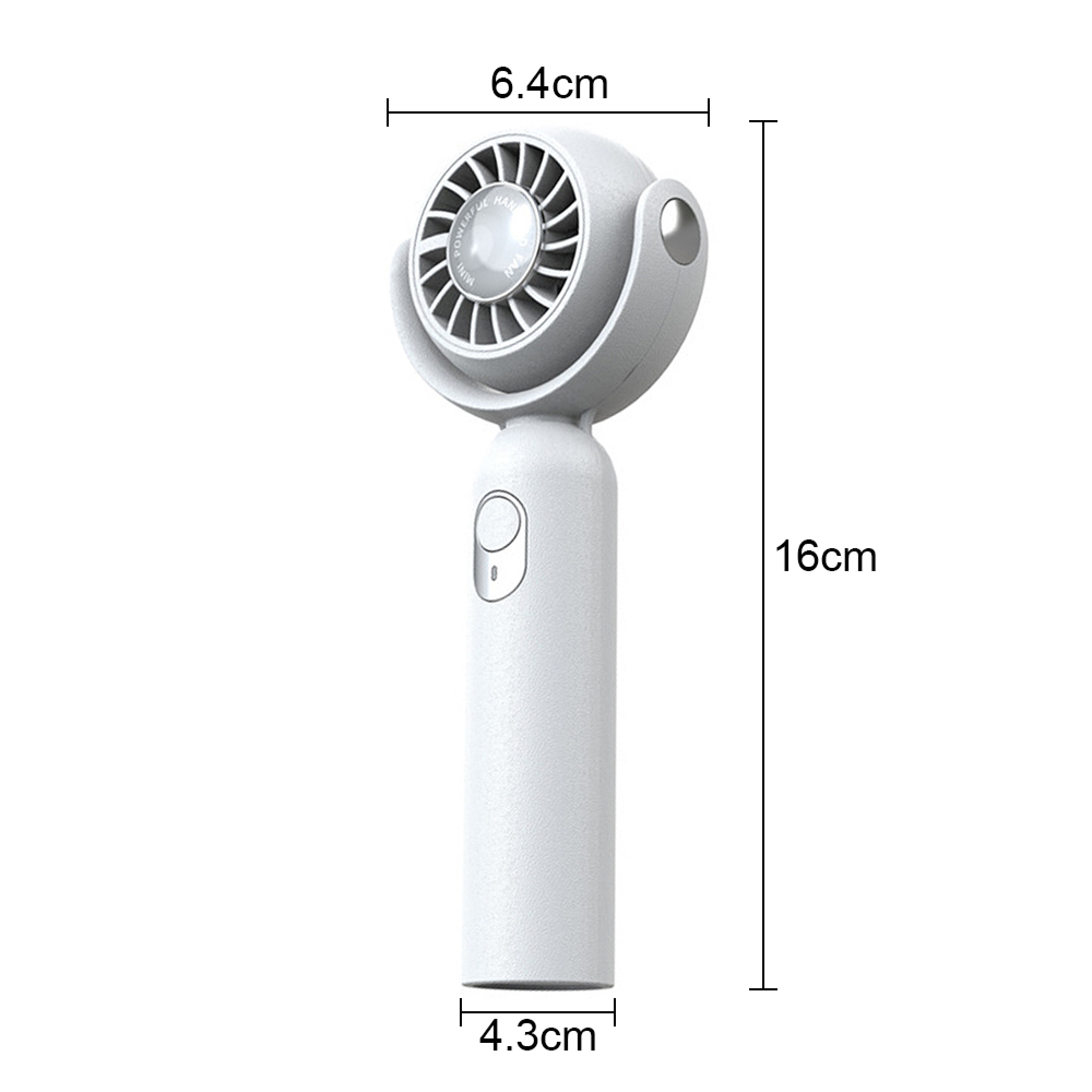 Ein weißer Handventilator mit Maßen 16cm x 6,4cm x 4,3cm.