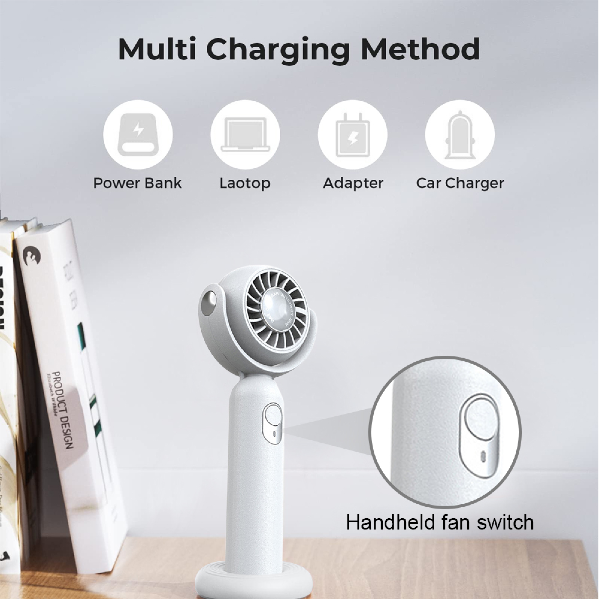 Ein weißer Handventilator mit Ladeoptionen: Powerbank, Laptop, Adapter, Autoladegerät.