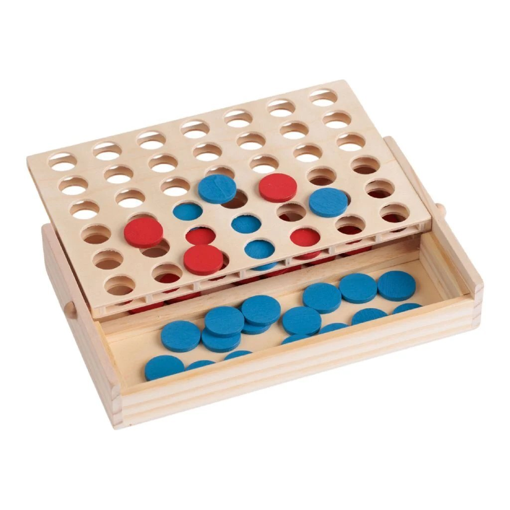 Un gioco di legno con pezzi rossi e blu su una tavola.