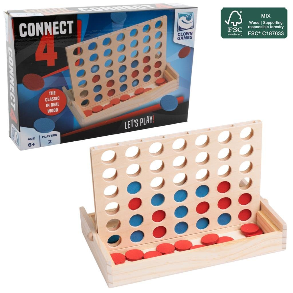 Un gioco in legno Connect 4 con dischi rossi e blu sul tabellone e sulla confezione.