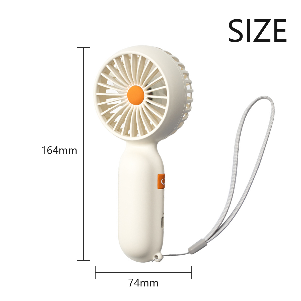 Ein weißer Handventilator mit orangenem Mittelpunkt und Trageschlaufe. Maße: 164x74mm.