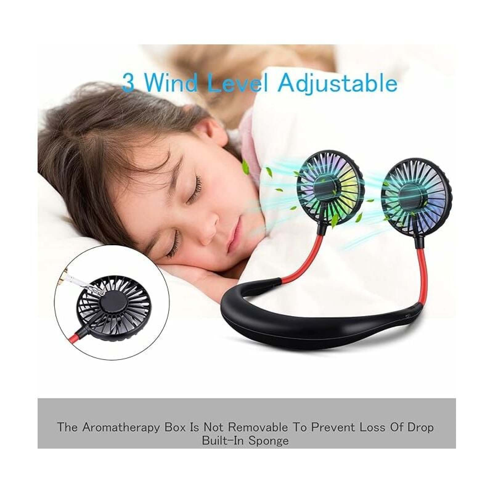 Ein Mädchen schläft, während ein Halsventilator mit zwei Lüftern Luft auf sie bläst.