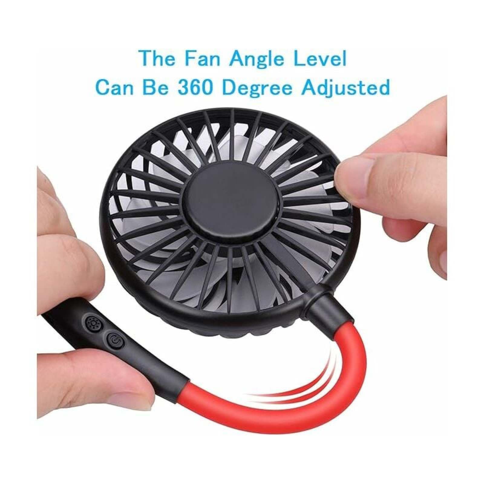 Ein tragbarer Halsventilator mit schwarzem Lüfter und rotem Band, der 360 Grad verstellbar ist.
