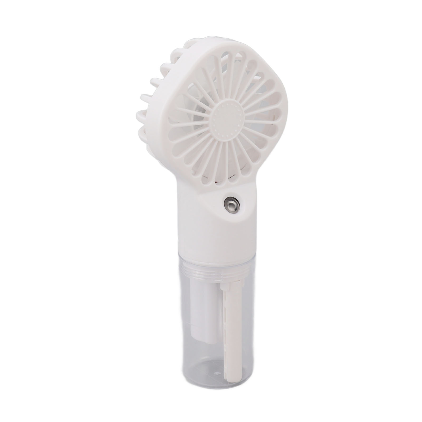 Ein weißer tragbarer Ventilator mit transparentem Wassertankfuß und Sprühdüse.