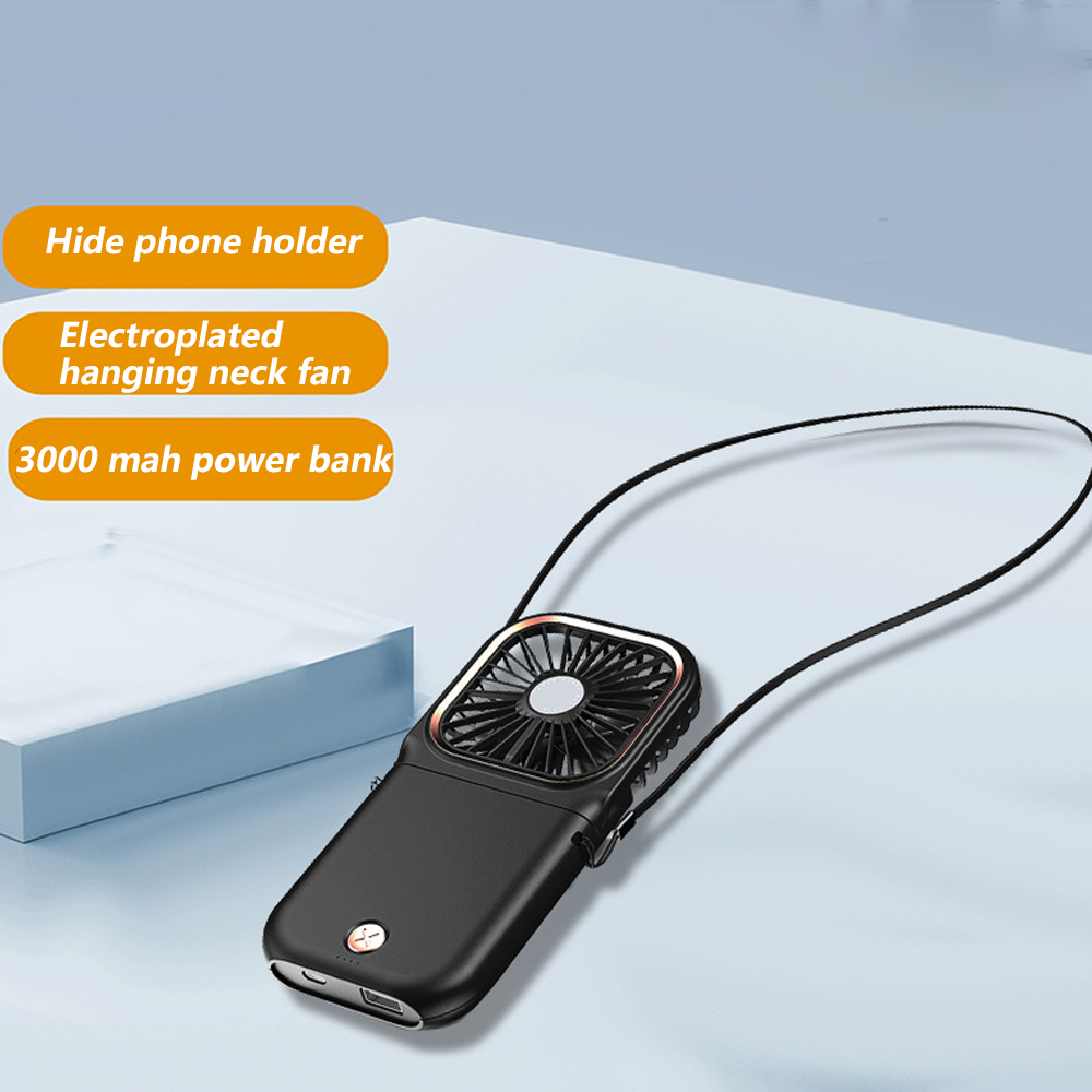Schwarzer Nackenventilator mit Lanyard, der auch als Powerbank dient.