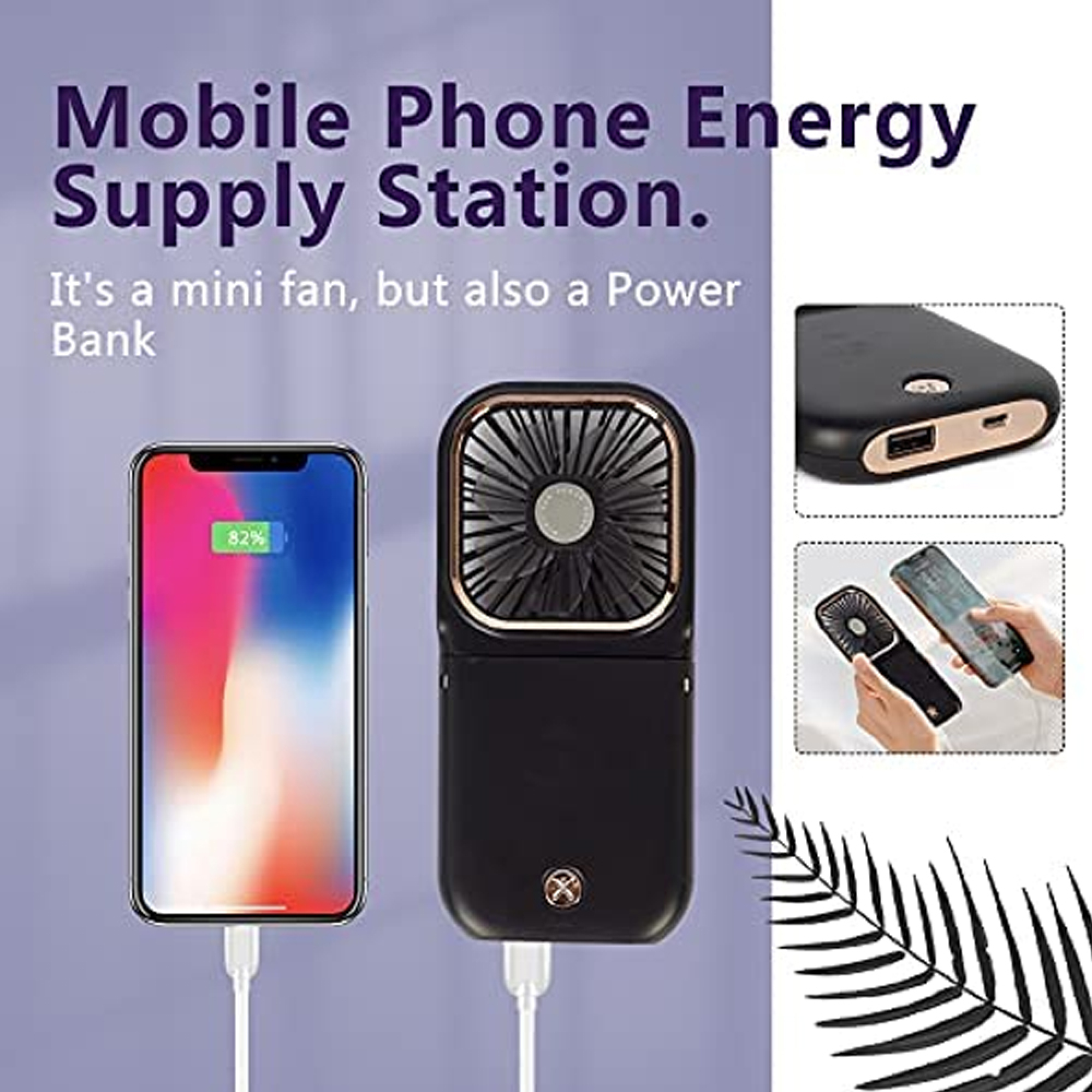 Ein schwarzer Mini-Ventilator mit goldenem Rand, der ein Smartphone lädt.