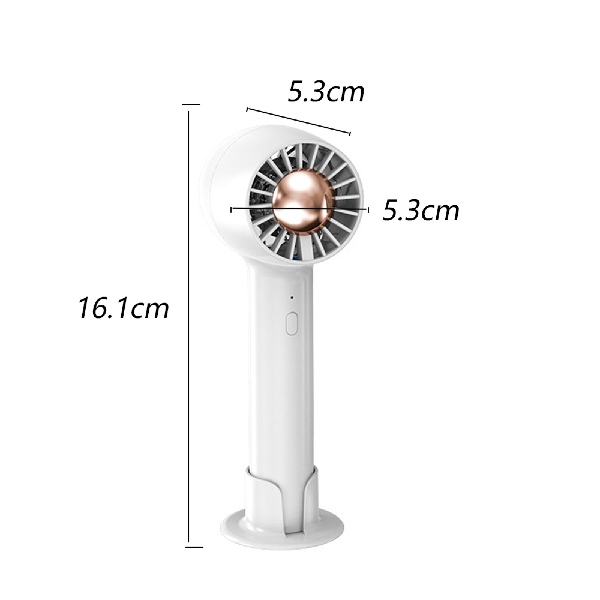 Ein weißer tragbarer Ventilator mit Maßen 16,1cm x 5,3cm x 5,3cm.