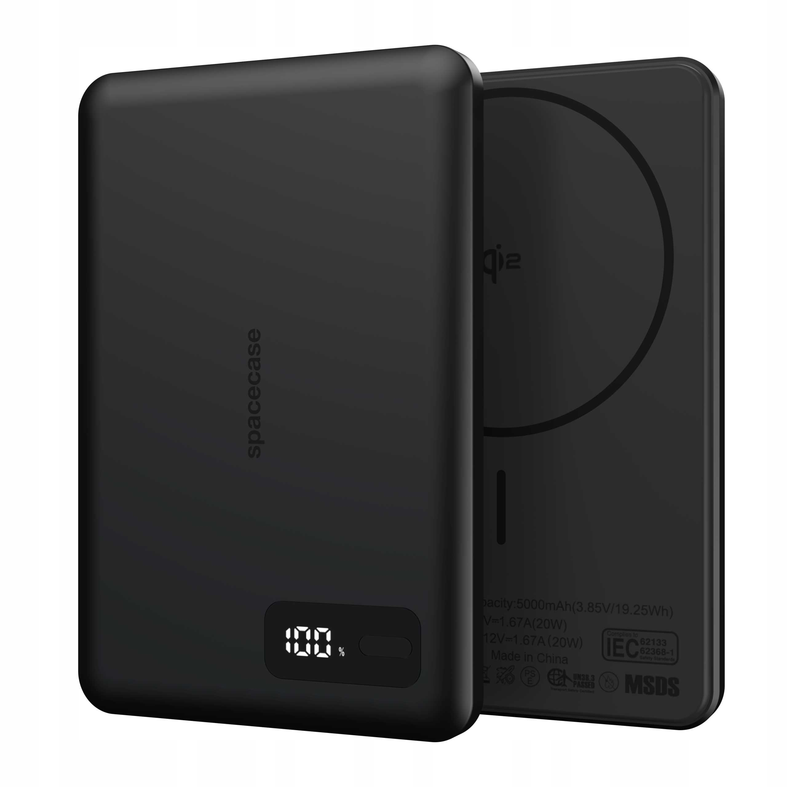 Czarny power bank z cyfrowym wyświetlaczem procentowym i logo Qi2.