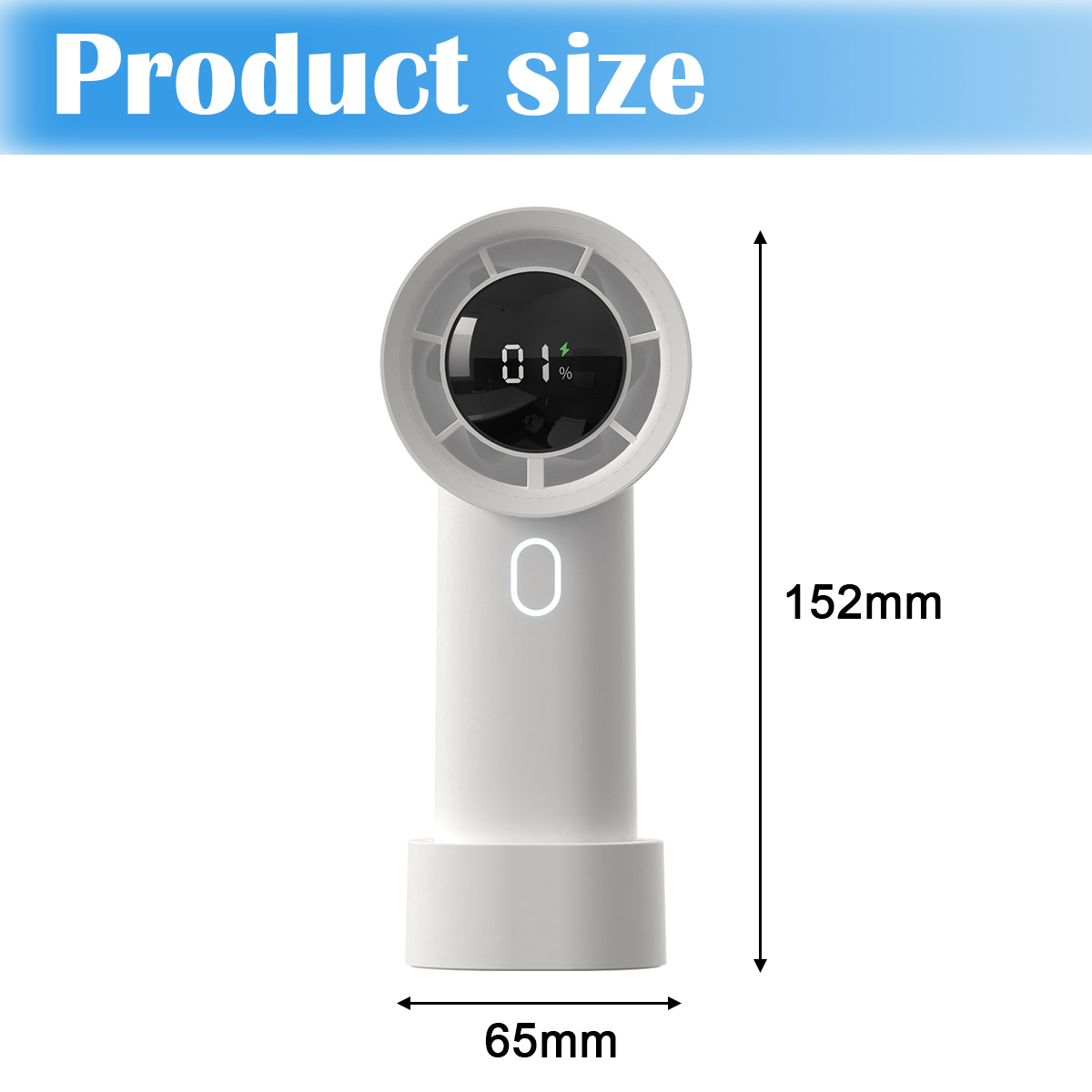 Ein weier tragbarer Ventilator mit digitalen Anzeigen fr Gren: 152mm Hhe, 65mm Breite.