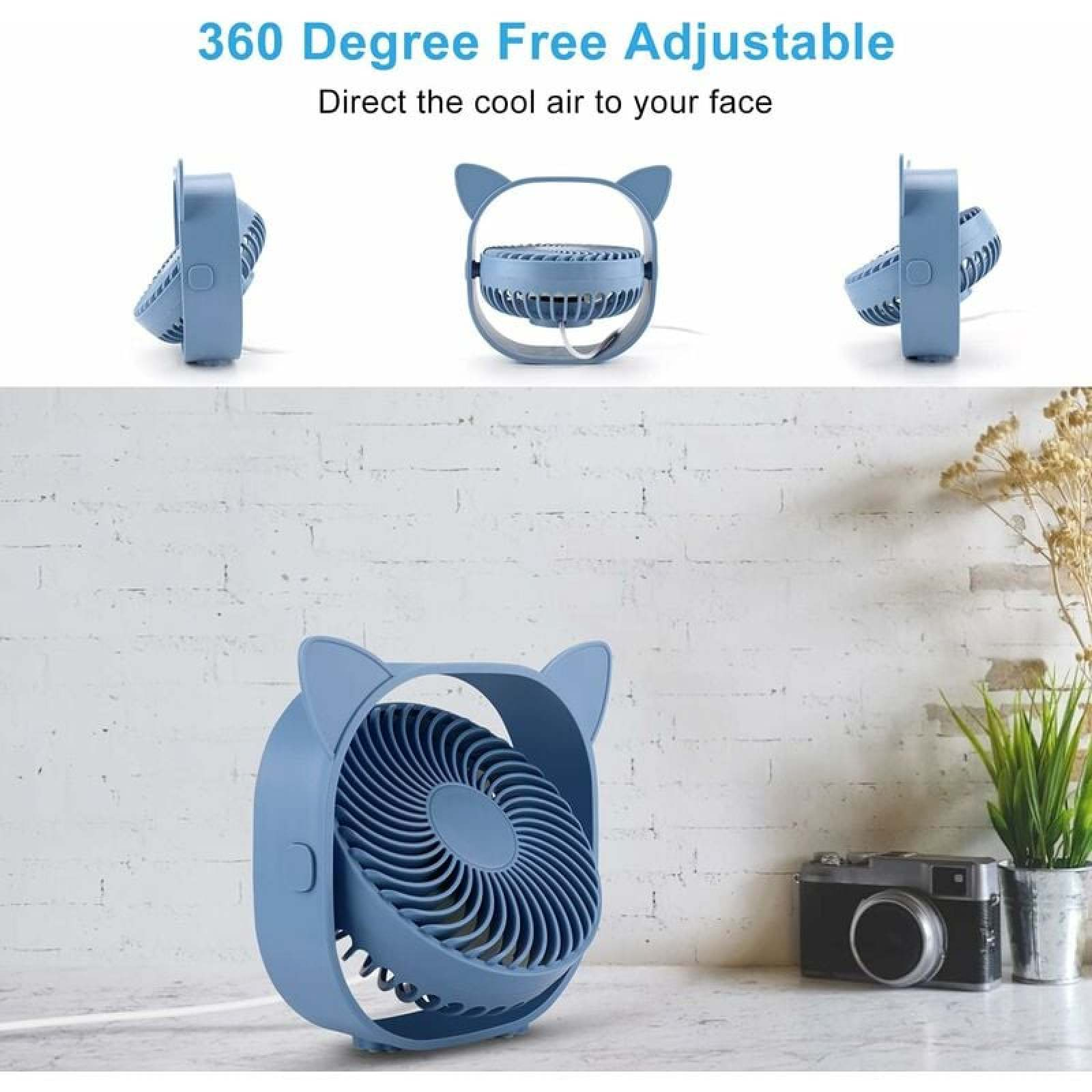 Ein blauer Ventilator mit Katzenohren auf einem Tisch, daneben eine Kamera.
