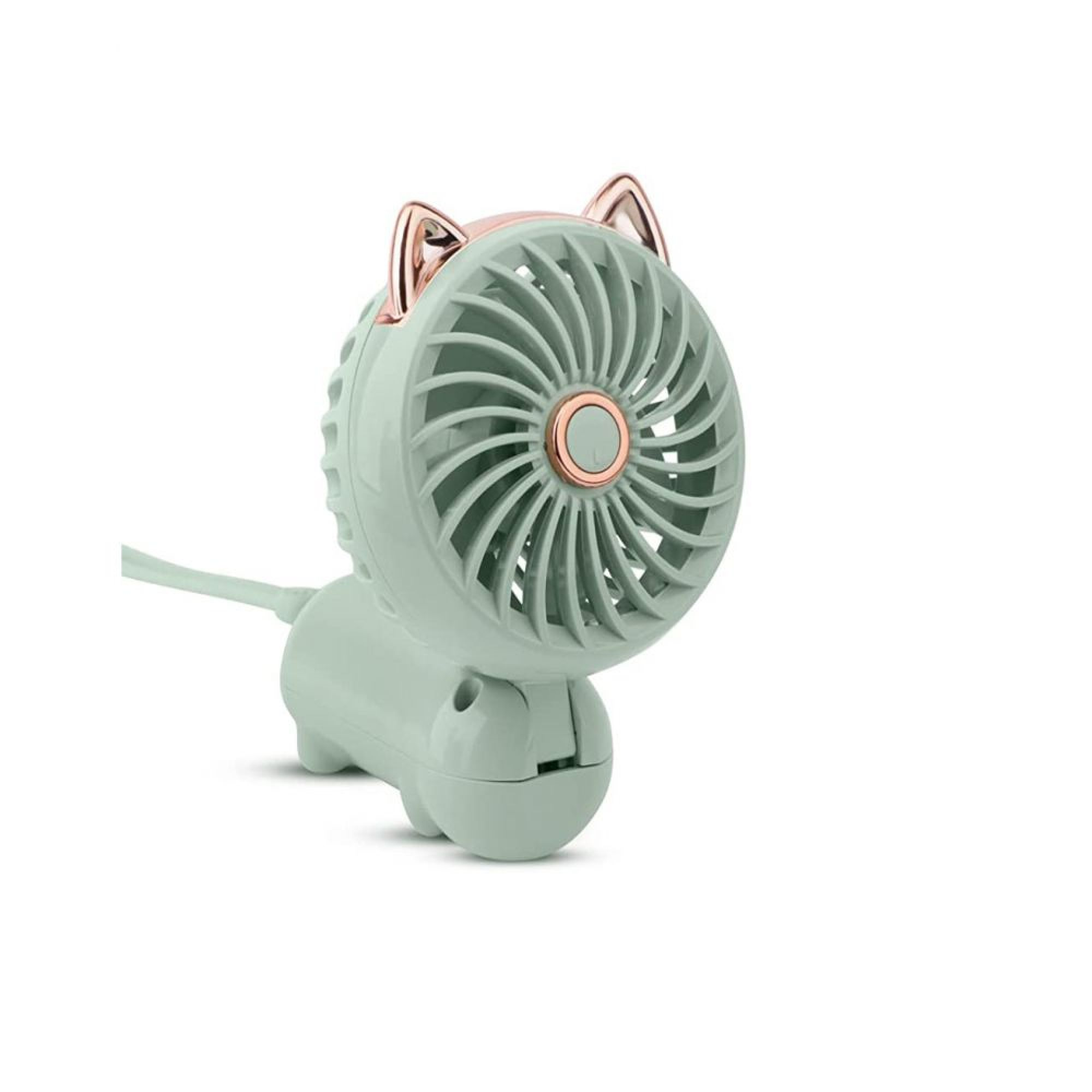 Ein kleiner mintgrüner Ventilator mit Katzenohren und kupferfarbenen Details.