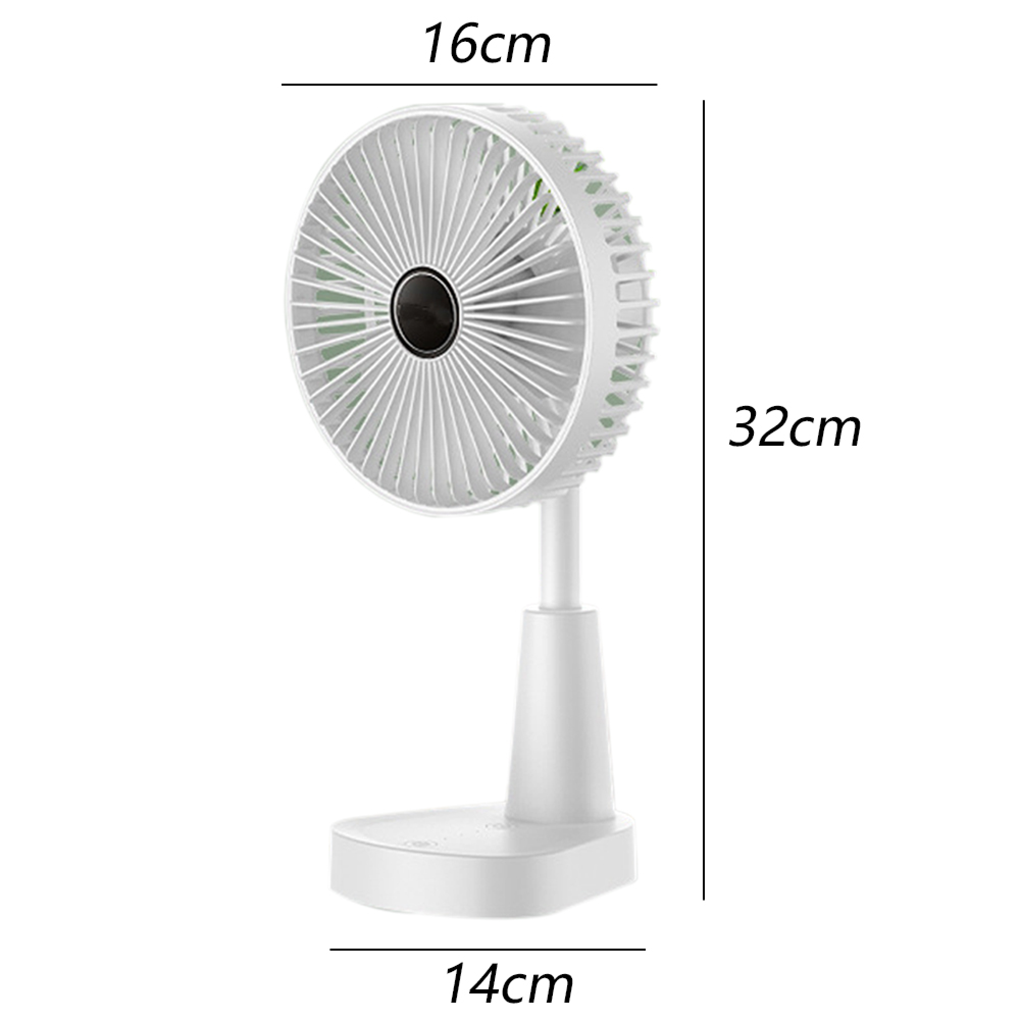 Weißer Schreibtischventilator mit grünen Flügeln, 16cm breit, 32cm hoch, 14cm Basis.