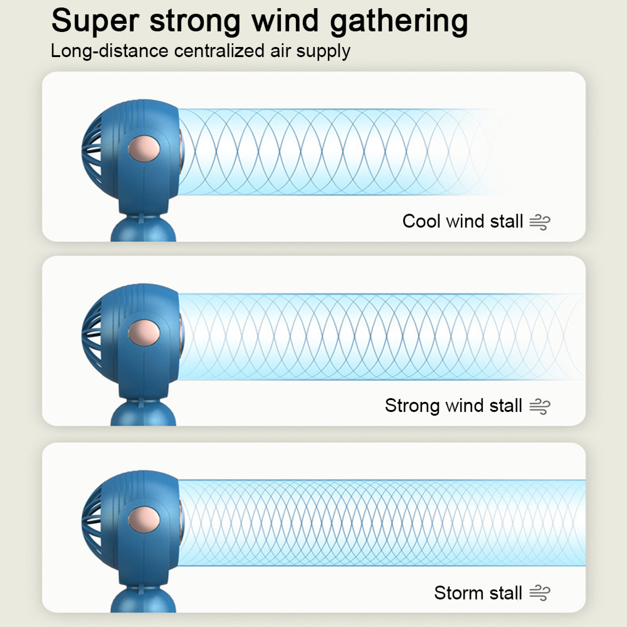 Blauer Ventilator mit drei Windstärken: Kühl, Stark, Sturm. Dargestellt mit Luftstrom.