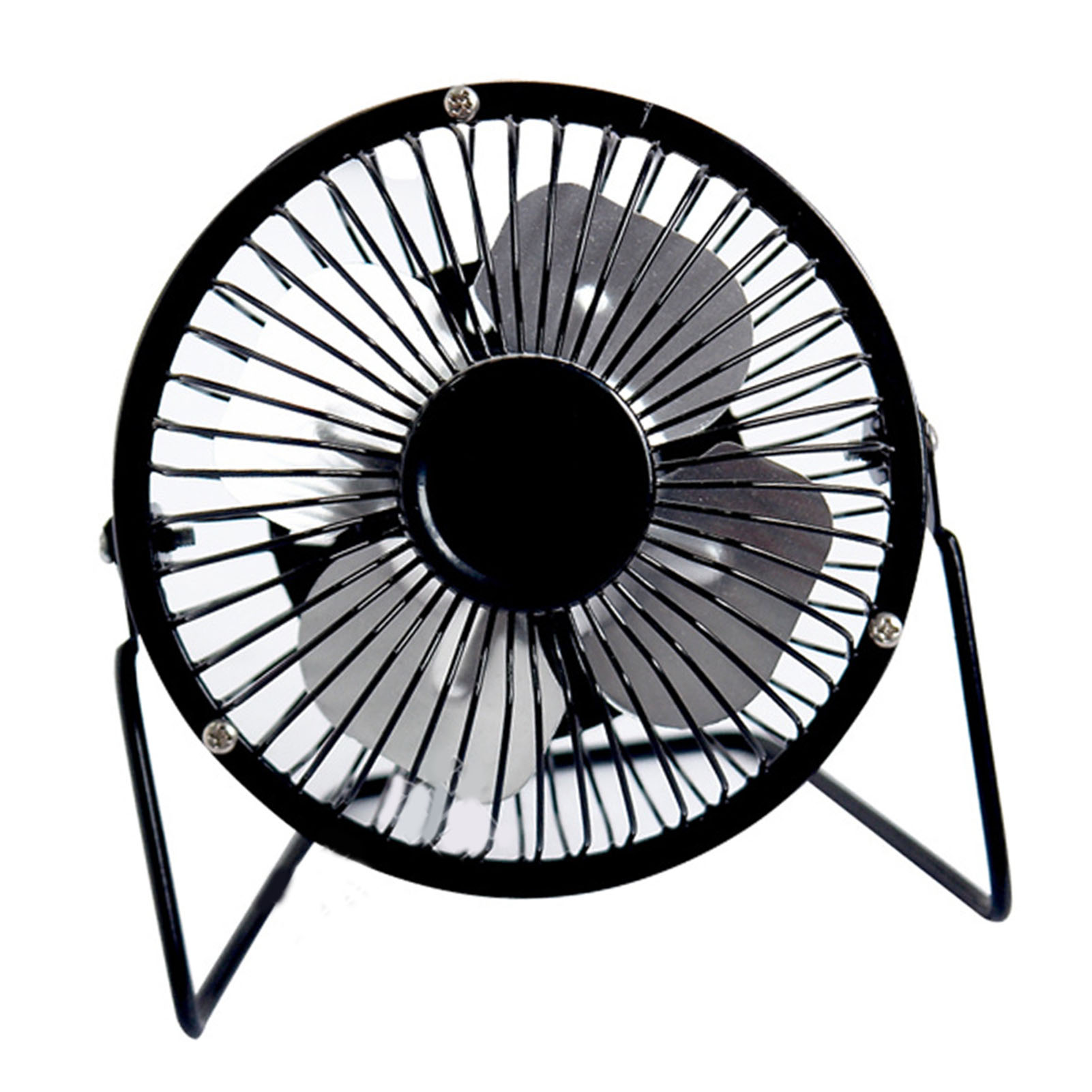 Ein kleiner schwarzer Ventilator mit Metallgitter und drei Rotorblättern auf einem Ständer.