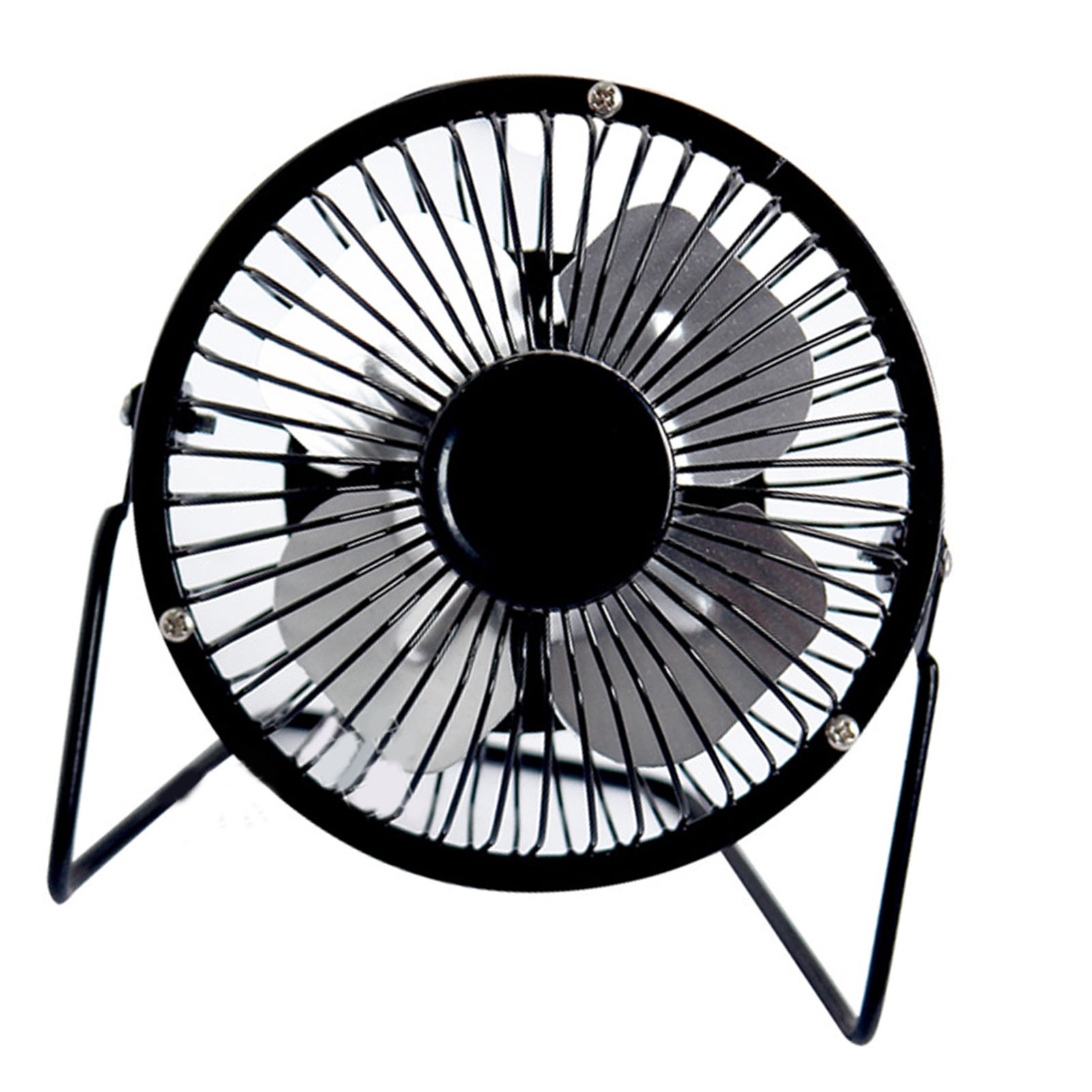 Ein kleiner schwarzer Ventilator mit Metallgitter und drei Rotorblättern auf einem weißen Hintergrund.