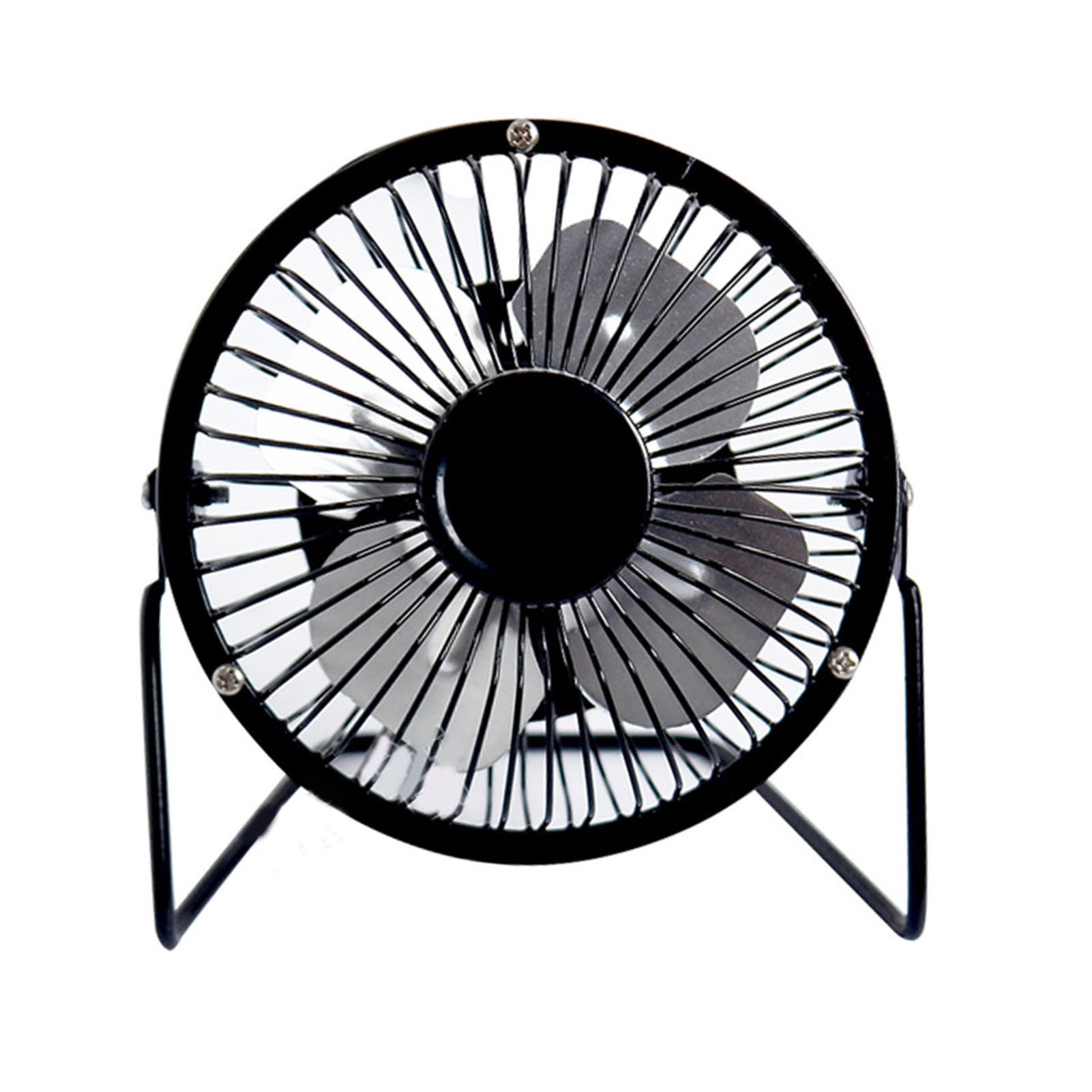 Ein kleiner schwarzer Ventilator mit drei Metallblättern auf einem Metallständer.