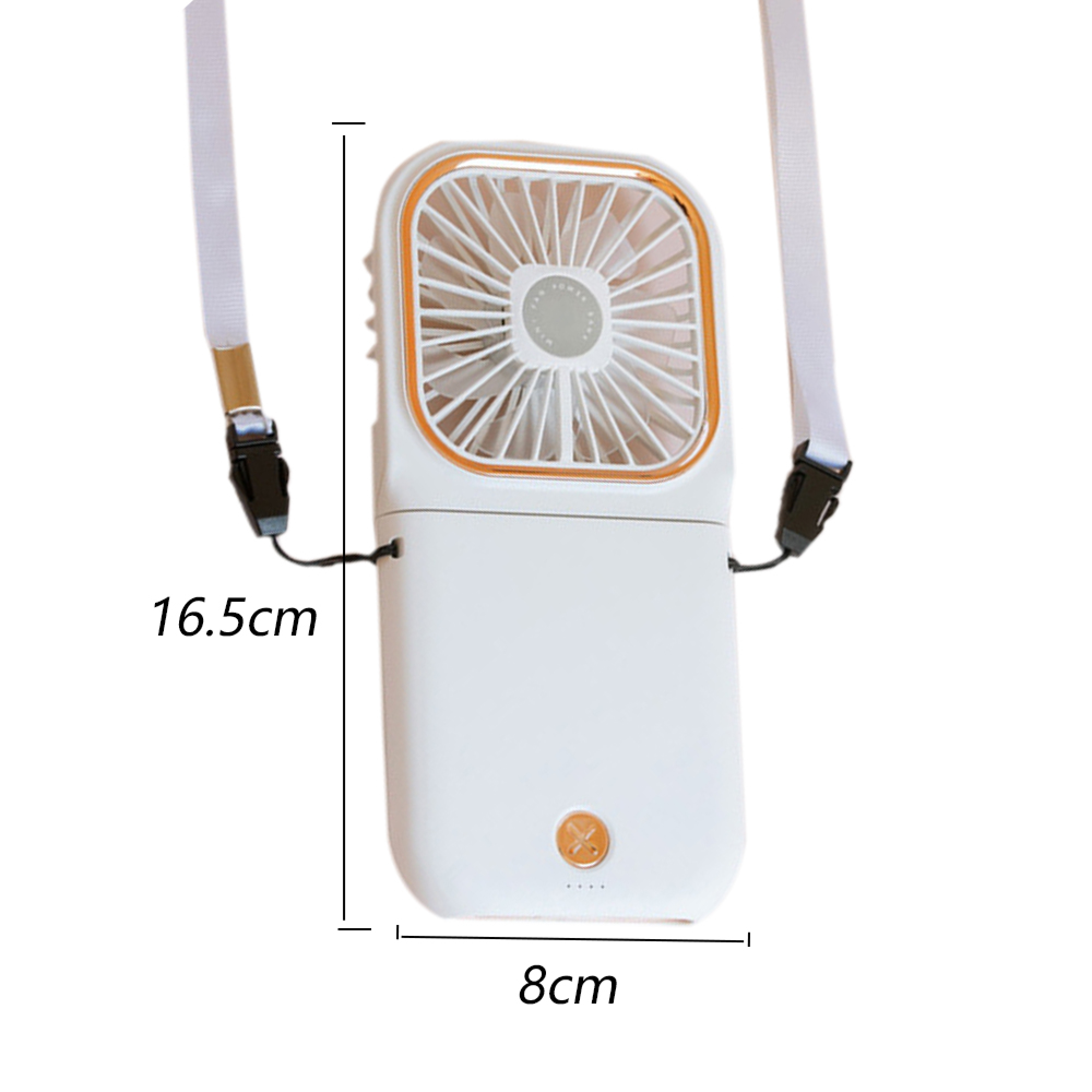 Ein weißer tragbarer Ventilator mit orangefarbenem Rand und Lanyard.