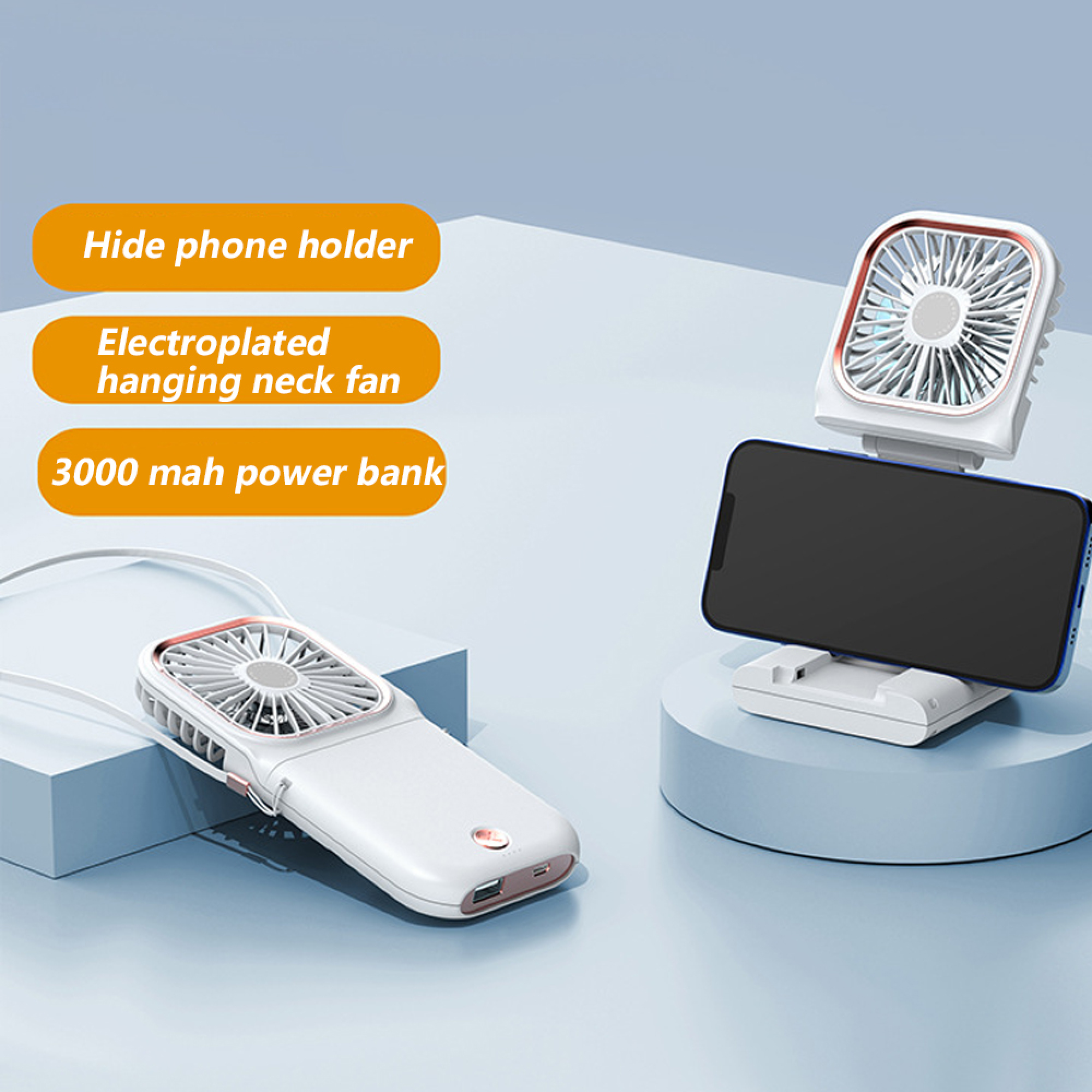 Weißer Nackenventilator mit Roségold-Rand und Handyhalterung mit Handy.