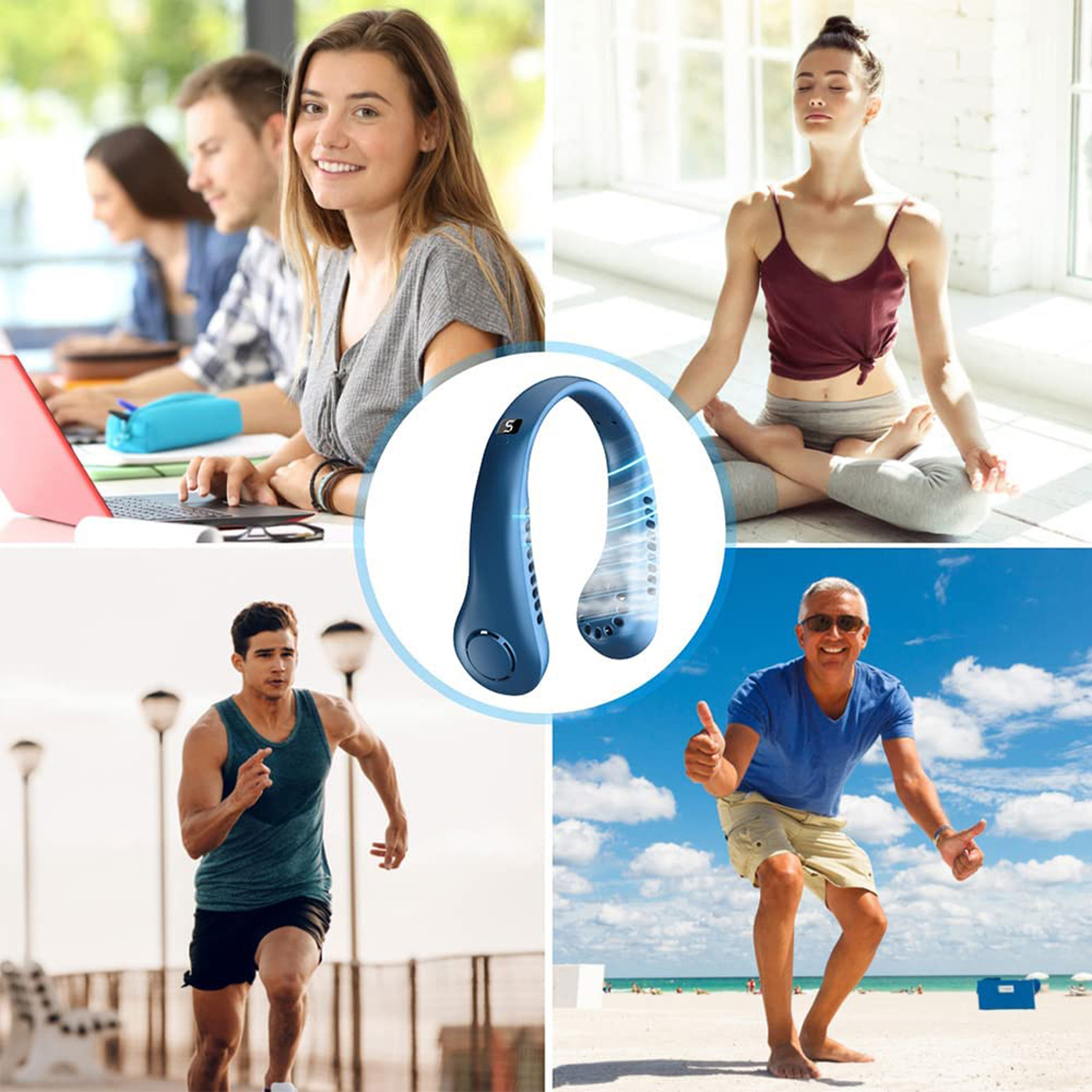 Collage mit vier Bildern: Studenten, Yoga, Laufen, Strand. Ein Nackenventilator.