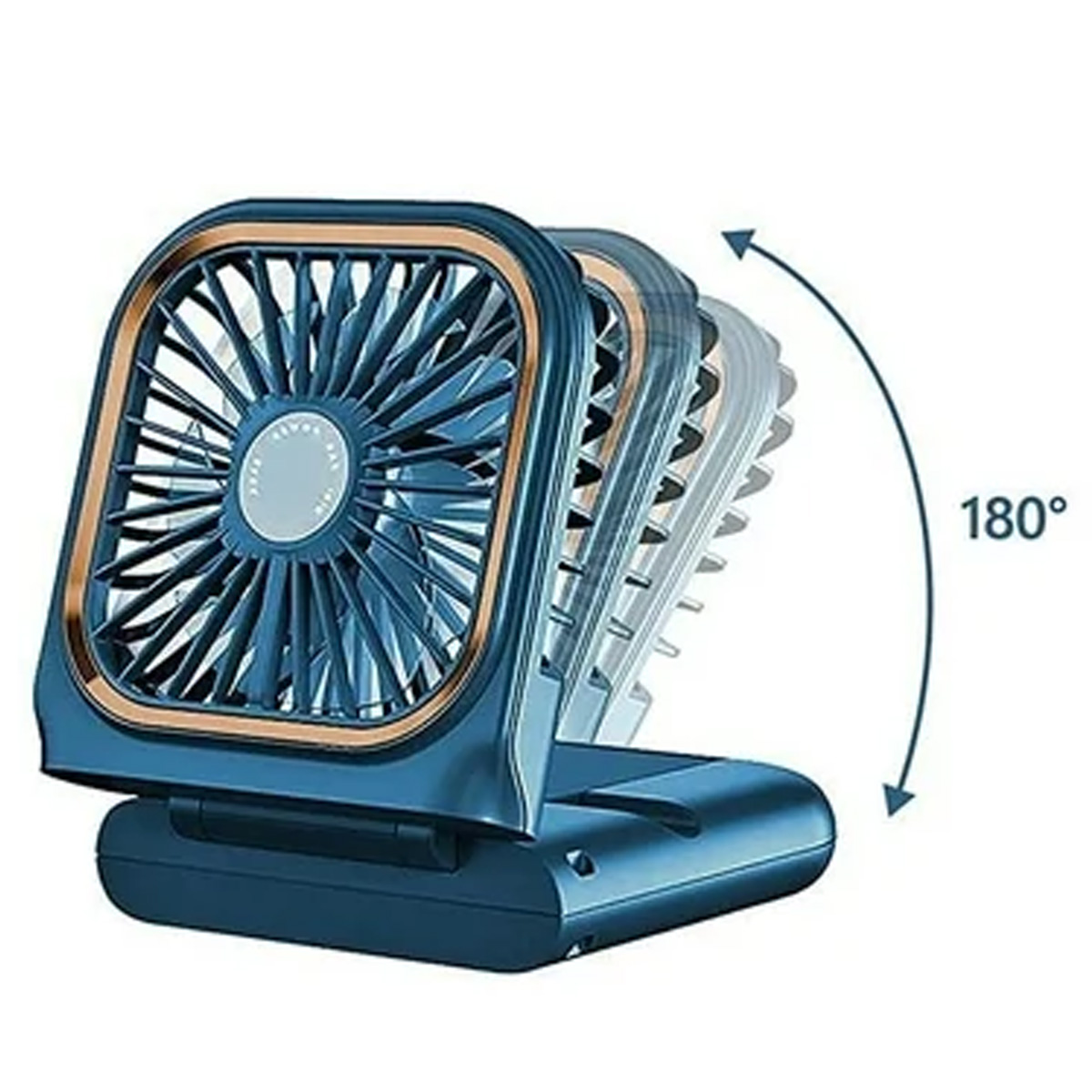 Ein blauer, tragbarer Ventilator mit verstellbarem Kopf, der sich um 180 Grad drehen lässt.