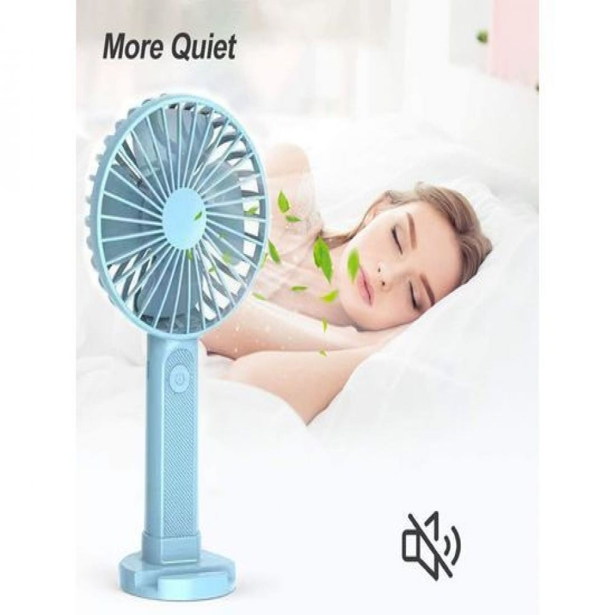 Ein blauer Ventilator steht neben einer schlafenden Frau.