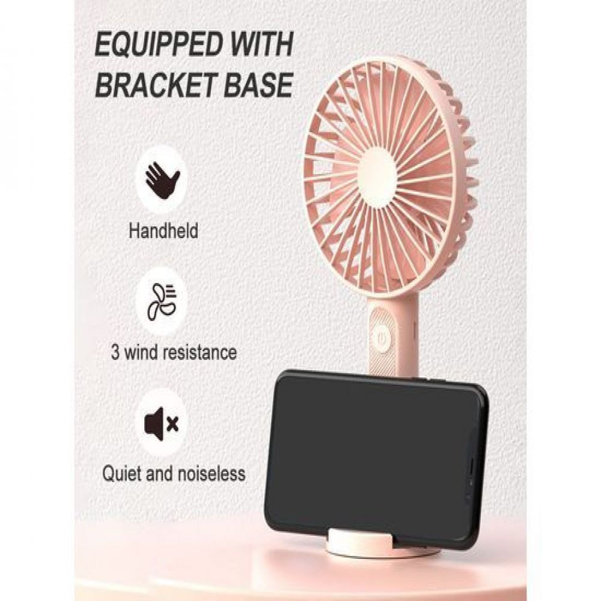 Ein rosafarbener Mini-Ventilator steht auf einem Handyhalter, der ein schwarzes Handy stützt.