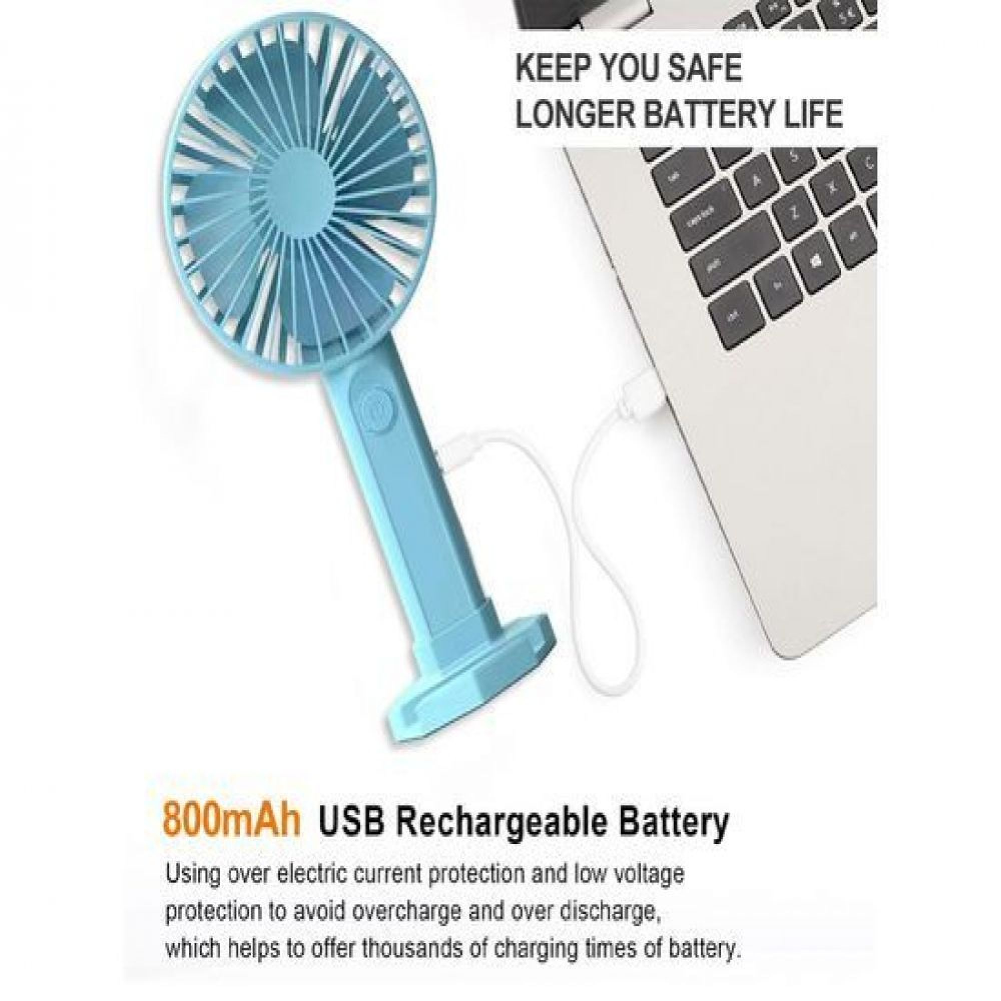 Ein blauer USB-Ventilator wird an einen Laptop angeschlossen. Text: Längere Akkulaufzeit.