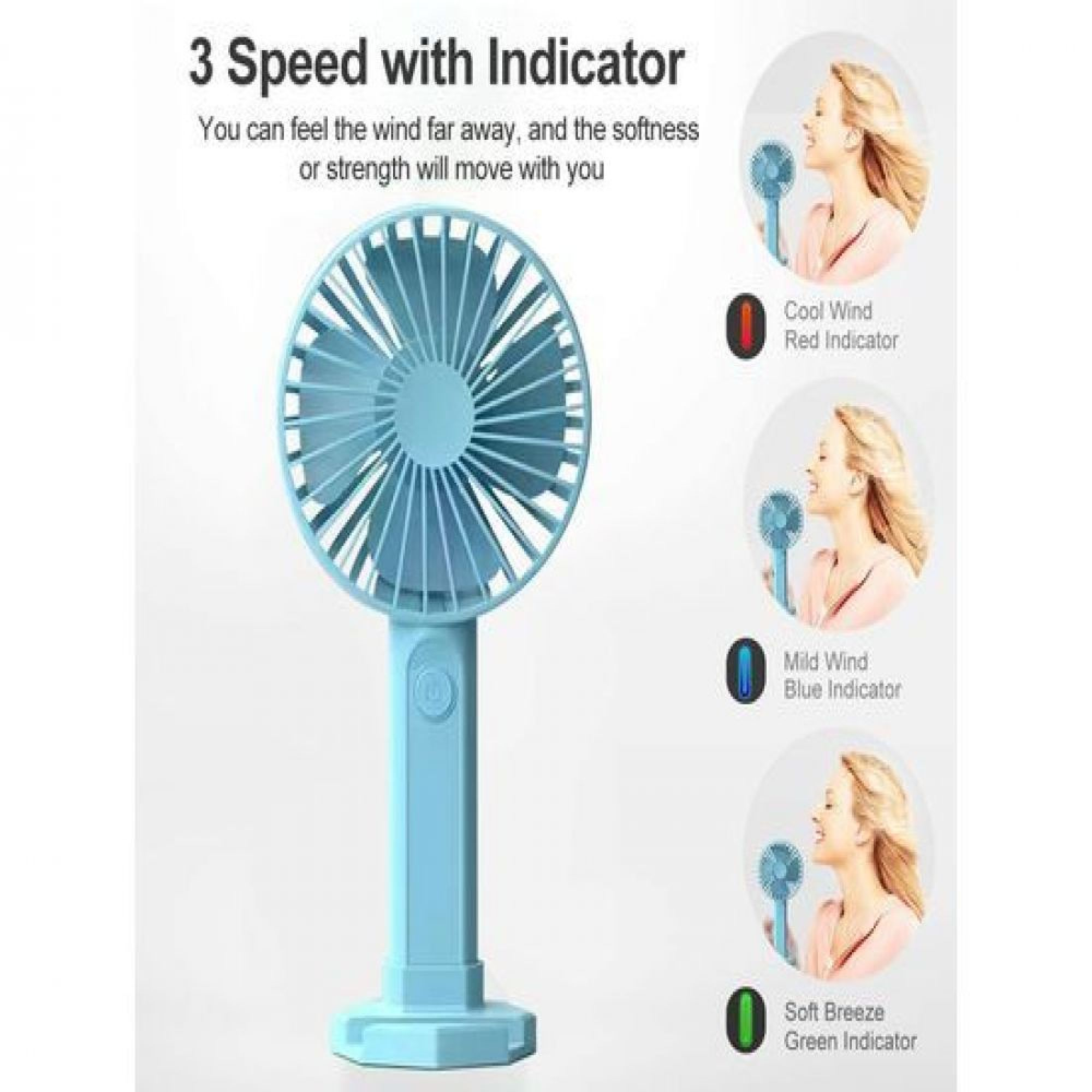 Ein blauer Handventilator mit 3 Geschwindigkeiten und Anzeigeleuchten.
