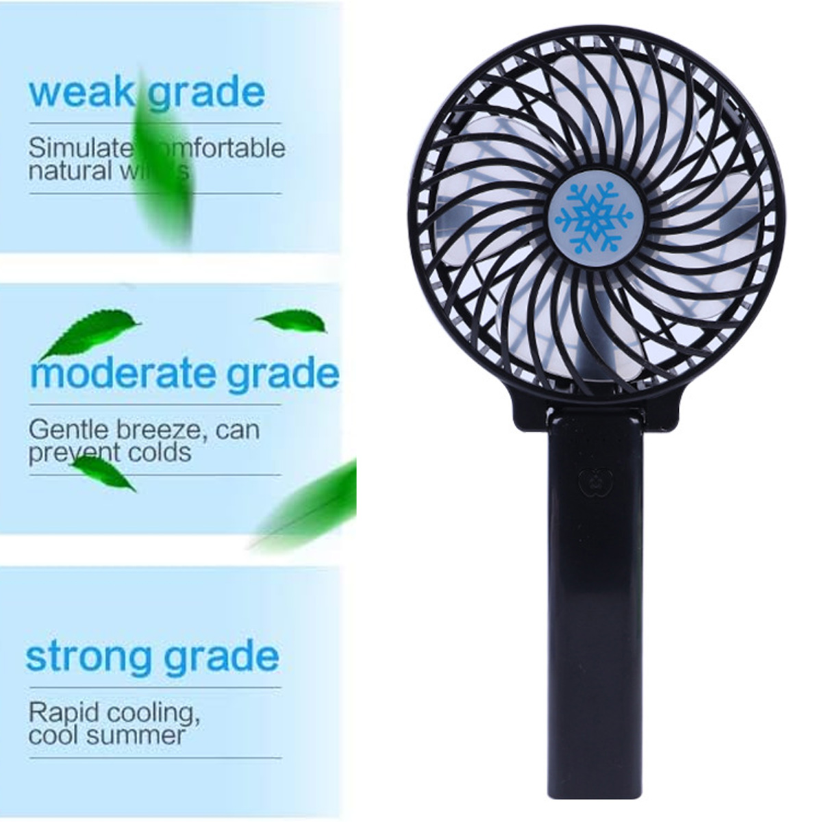 Schwarzer tragbarer Ventilator mit verschiedenen Stufen: schwach, moderat, stark.