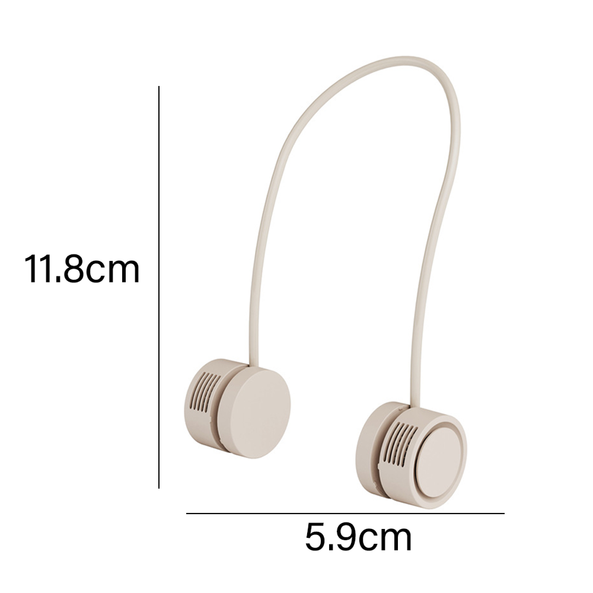Ein beigefarbener Nackenfächer mit zwei Lüftern und Maßangaben von 11,8 cm und 5,9 cm.