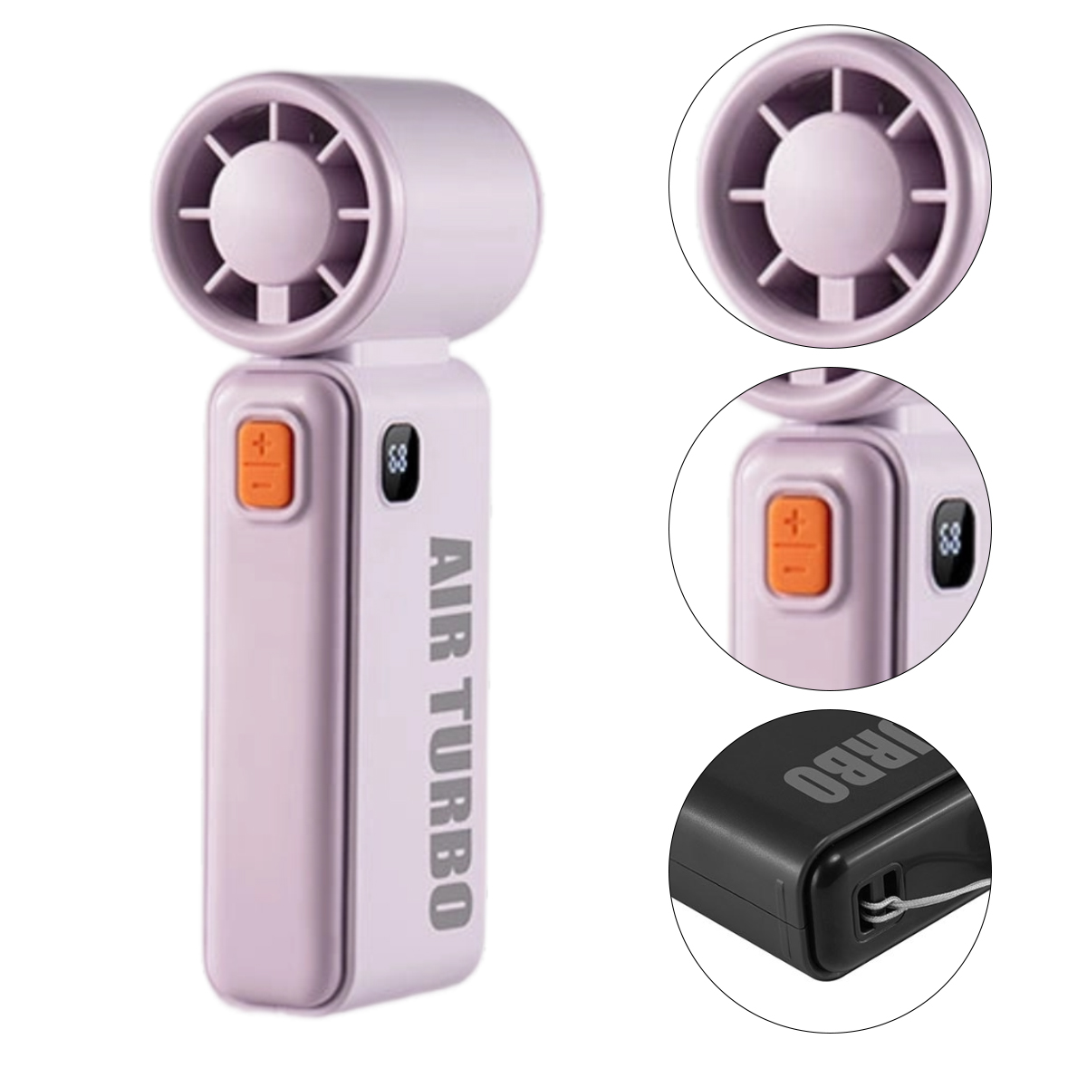 Ein lila Handventilator mit einem orangefarbenen Knopf und einem digitalen Display.