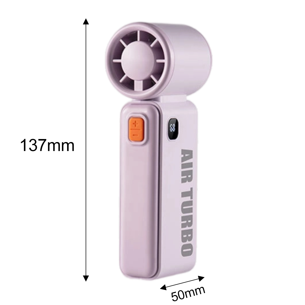 Ein kleiner violetter Handventilator mit einem orangefarbenen Knopf und "AIR TURBO"-Aufschrift.