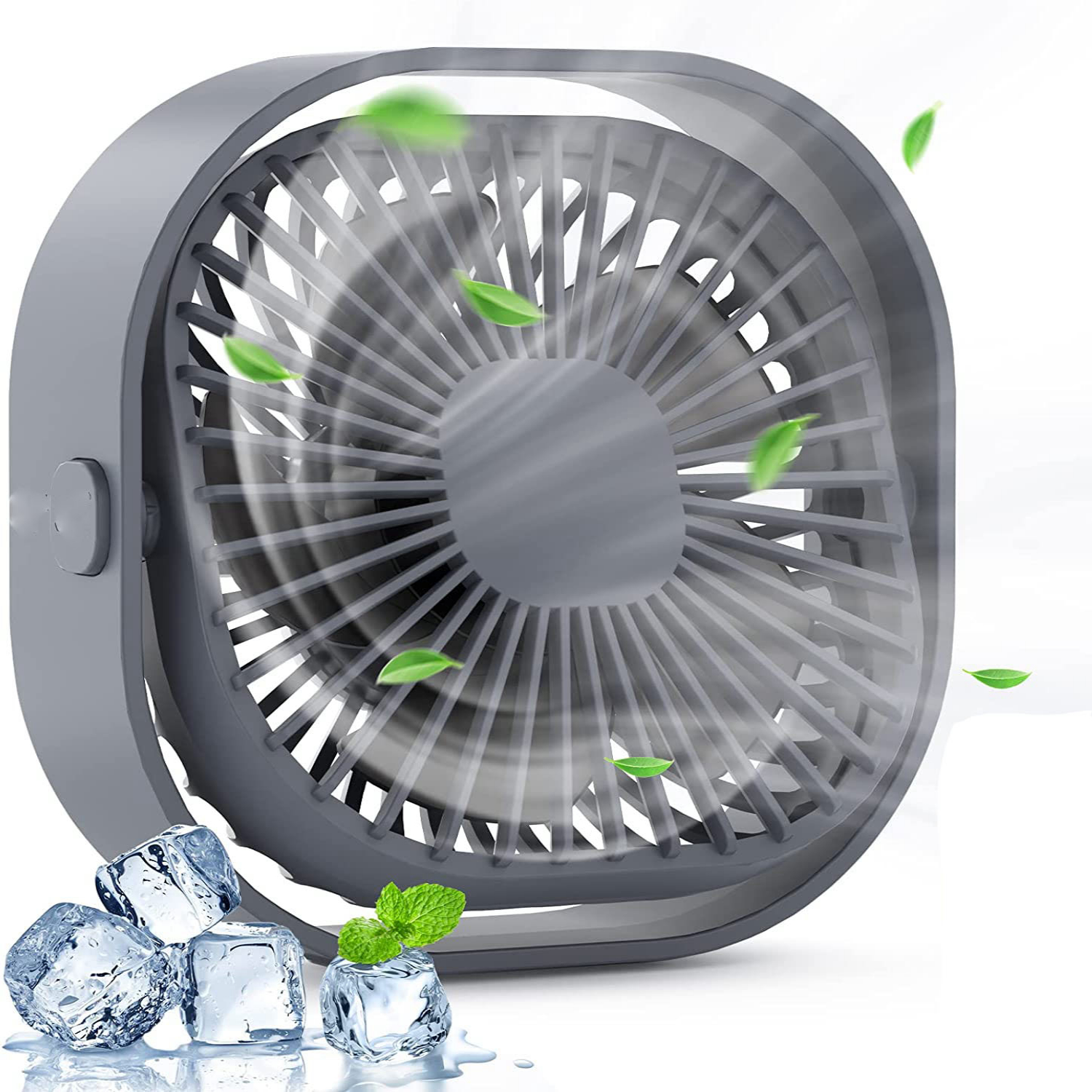 Ein grauer Tischventilator mit Eiswürfeln und grünen Blättern.