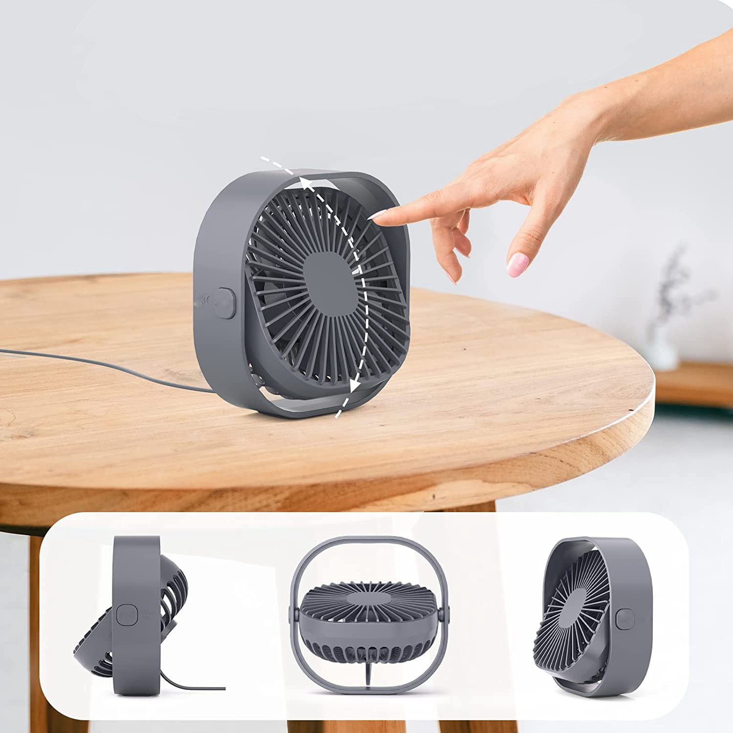 Grauer Ventilator auf Holztisch, Hand berührt ihn. Drei Ansichten unten.