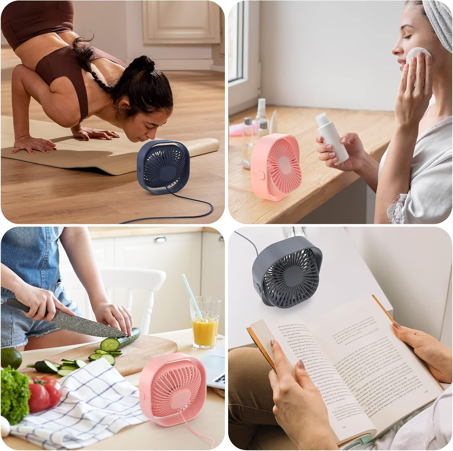 Collage: Yogaübende mit Ventilator, Frau bei Hautpflege, Kochen, Lesen eines Buches.