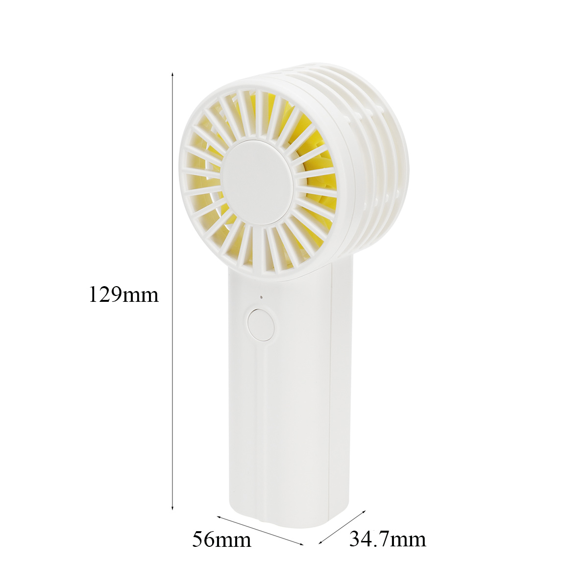 Ein weier Handventilator mit gelben Rotorblttern und Maangaben.