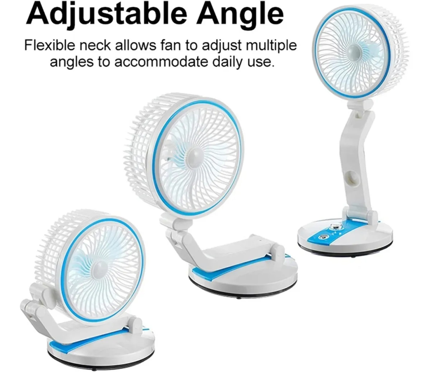 Ein weißer Tischventilator mit blauem Akzent, dreifach gezeigt in verschiedenen Winkeln.