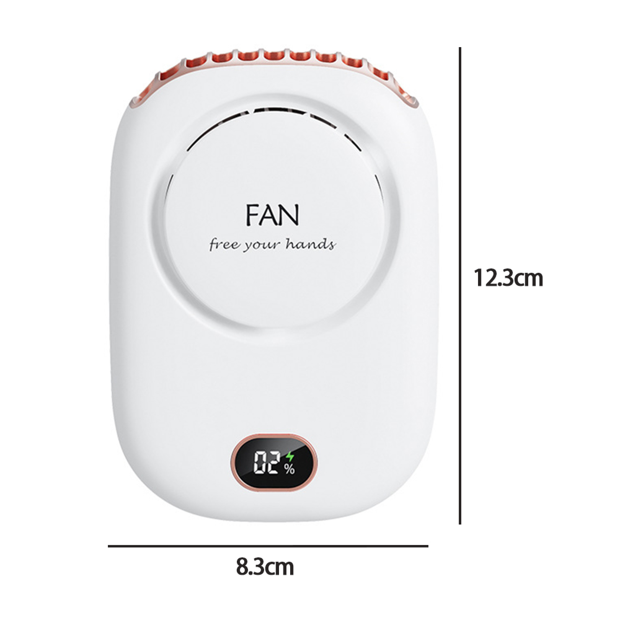 Ein weißer Nackenventilator mit roten Akzenten, 8,3x12,3cm, zeigt 2% Akkustand.