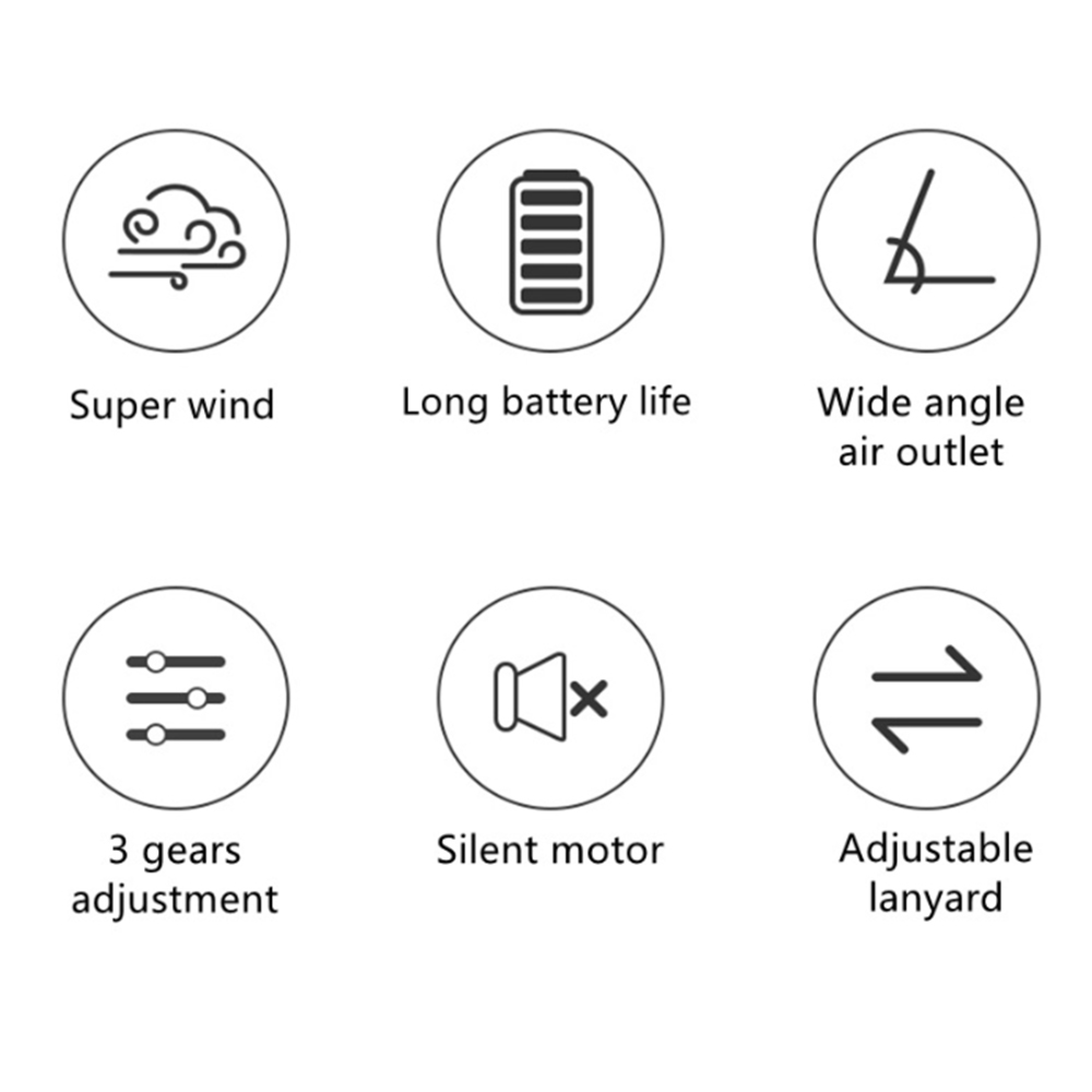 Symbole für starke Windkraft, lange Akkulaufzeit, breiten Luftauslass, 3 Gänge, leisen Motor und verstellbare Lanyards.