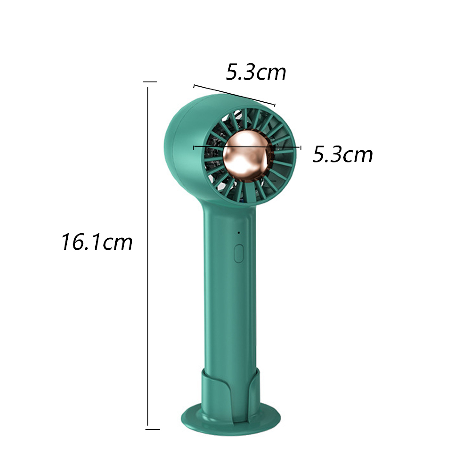 Ein kleiner, tealfarbener Handventilator mit goldener Mitte und Basis.