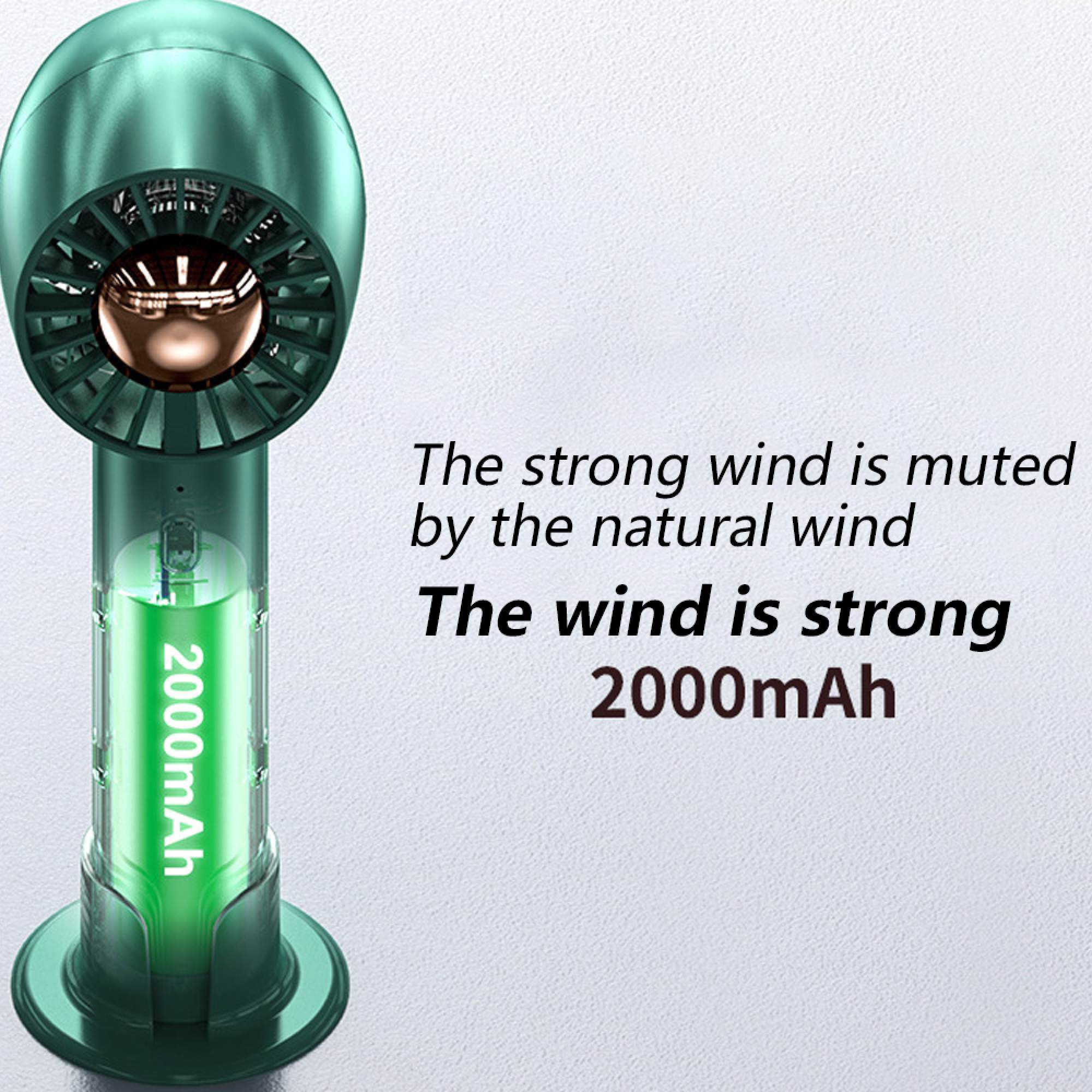 Ein teal Handventilator mit sichtbarem 2000mAh Akku auf strukturiertem Hintergrund.