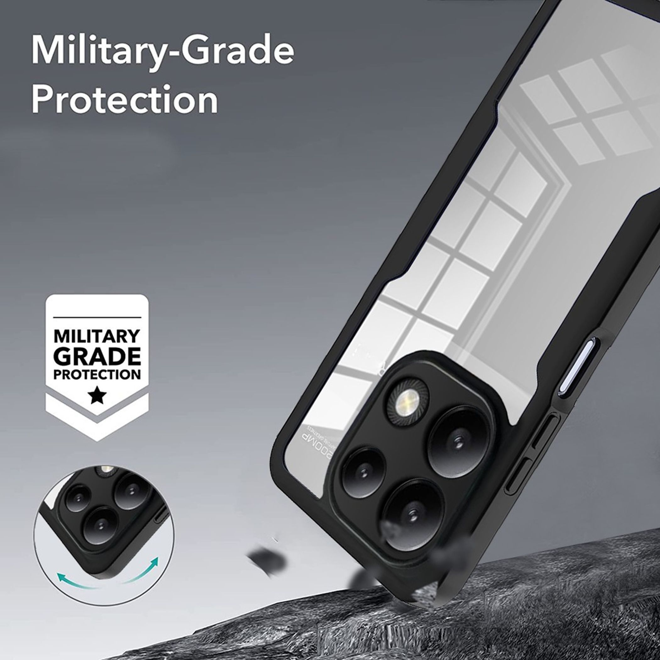 Schwarzes Handyhülle mit transparentem Rücken, 3 Kameras, militärischem Schutzlogo.