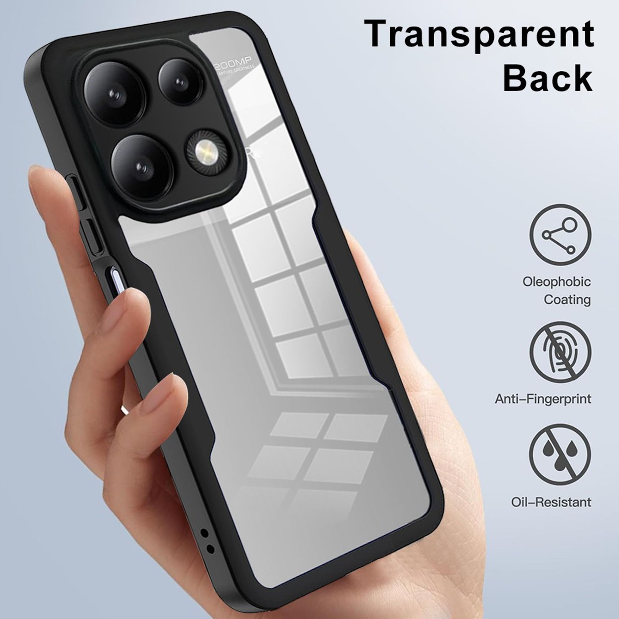 Eine Hand hält eine transparente Handyhülle mit schwarzem Rahmen, die Kameralinsen zeigt.
