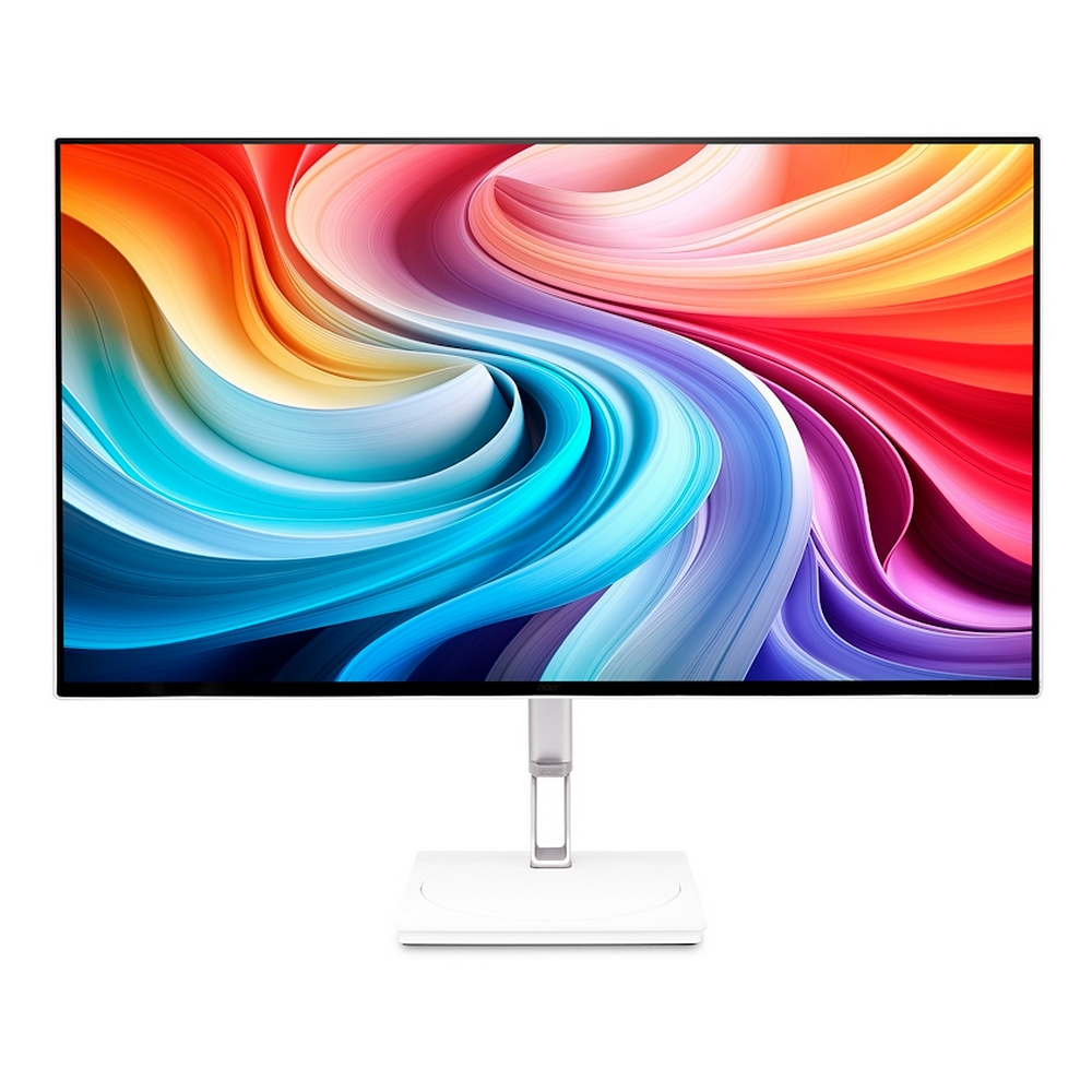 Un monitor bianco mostra un vortice astratto e vibrante di colori: arancione, rosso, viola, blu e bianco.